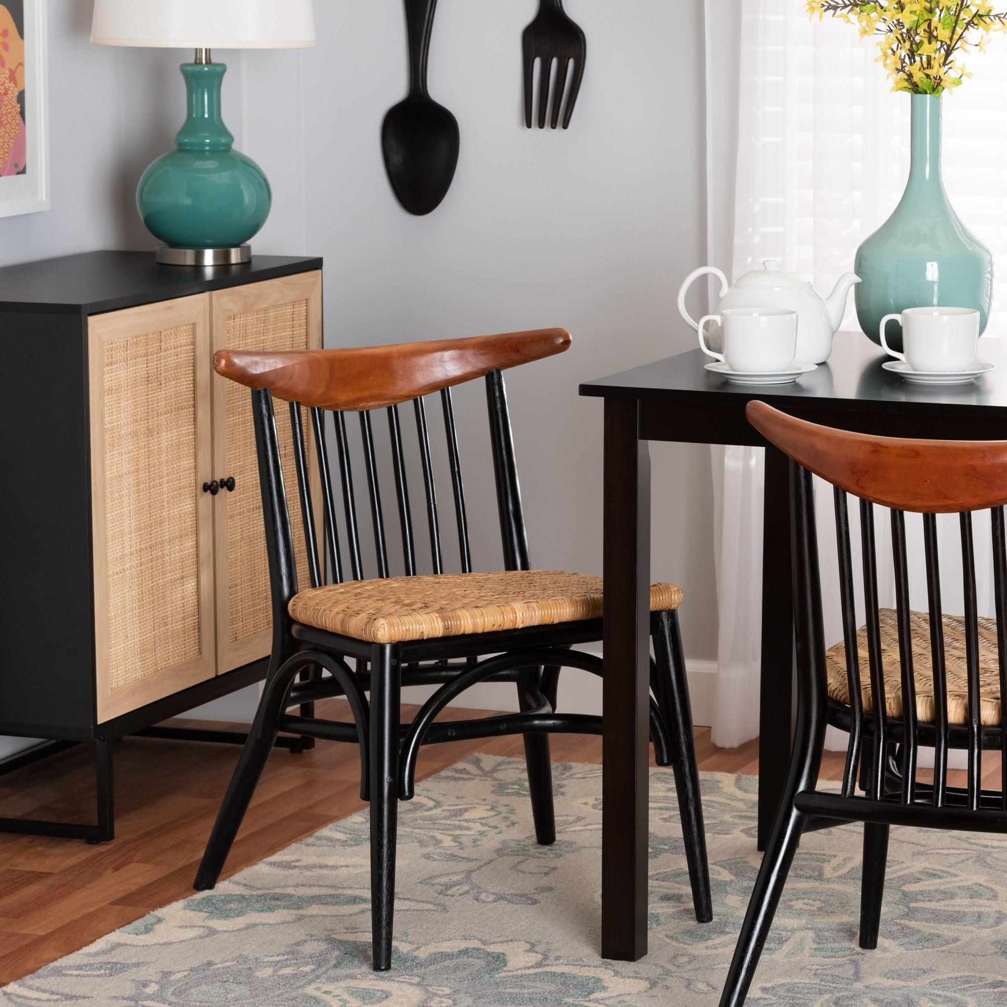 bali & pari Parthenia Mid-Century Modern Two-Tone and Finished Mahogany Wood and Rattan Dining Chair