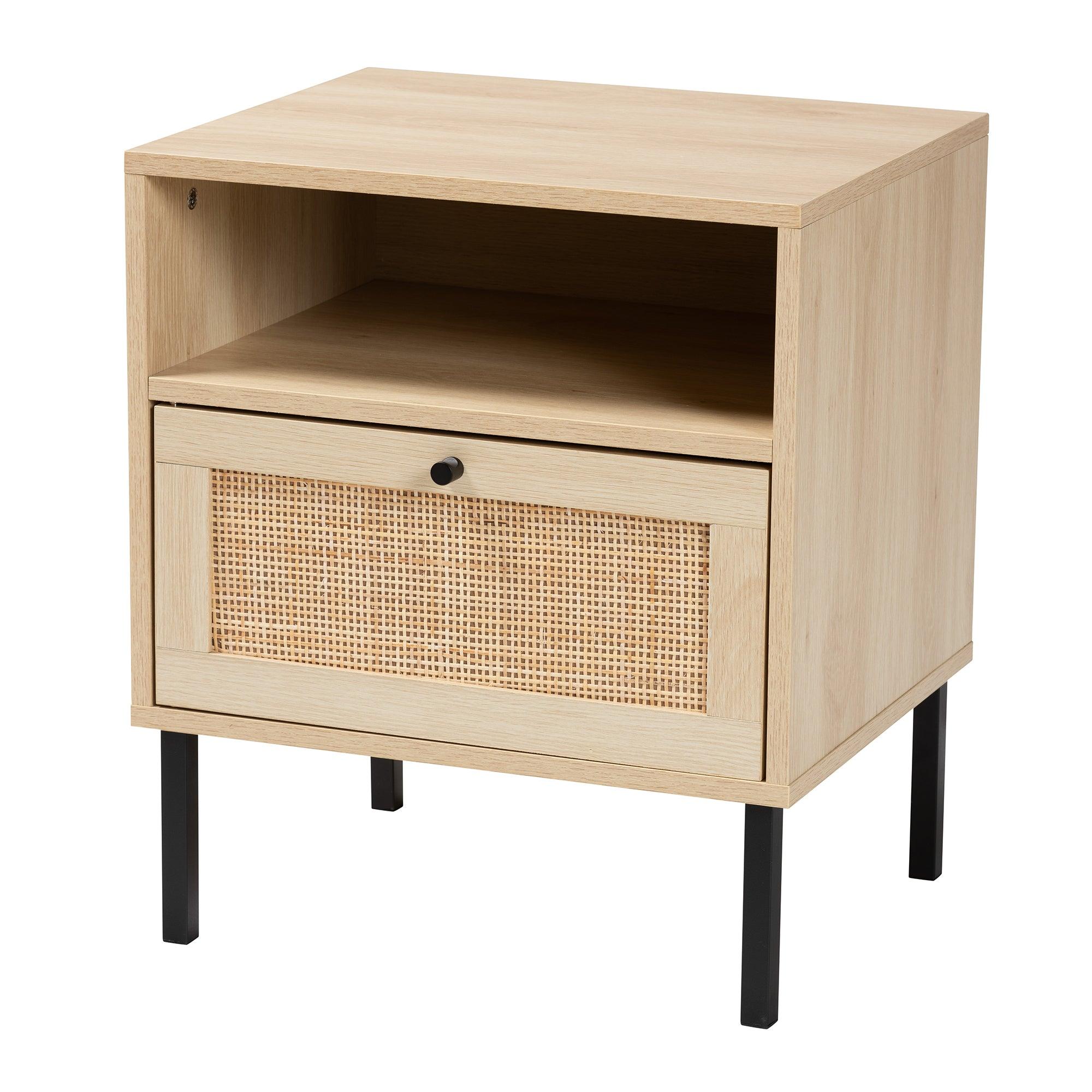 Caterina Mid-Century Modern Transitional Finished Wood and Rattan 1-Door End Table
