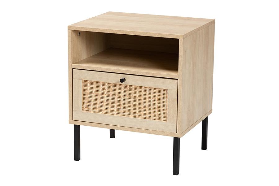 Caterina Mid-Century Modern Transitional Finished Wood and Rattan 1-Door End Table