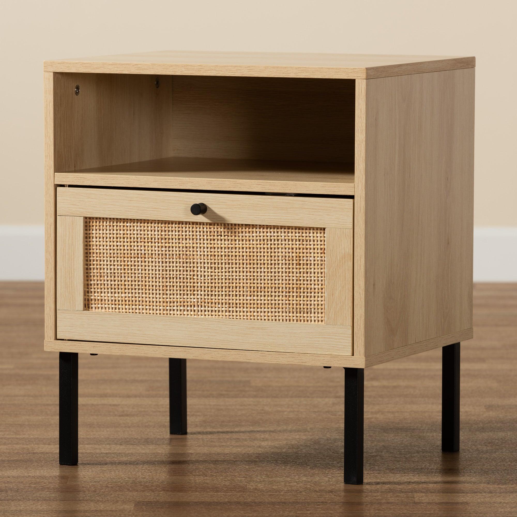 Caterina Mid-Century Modern Transitional Finished Wood and Rattan 1-Door End Table