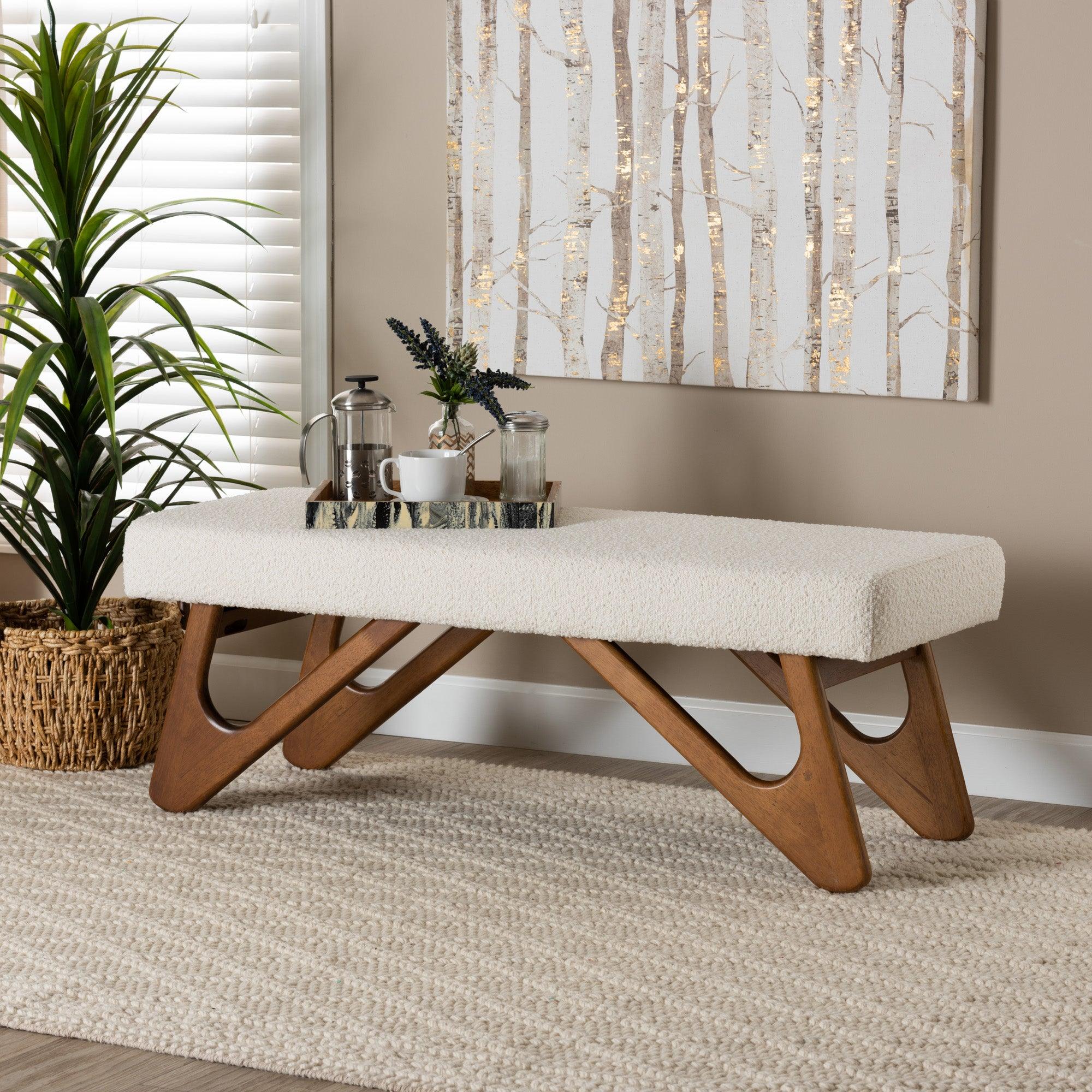 Rika Japandi Cream Boucle Fabric and Finished Wood Bench
