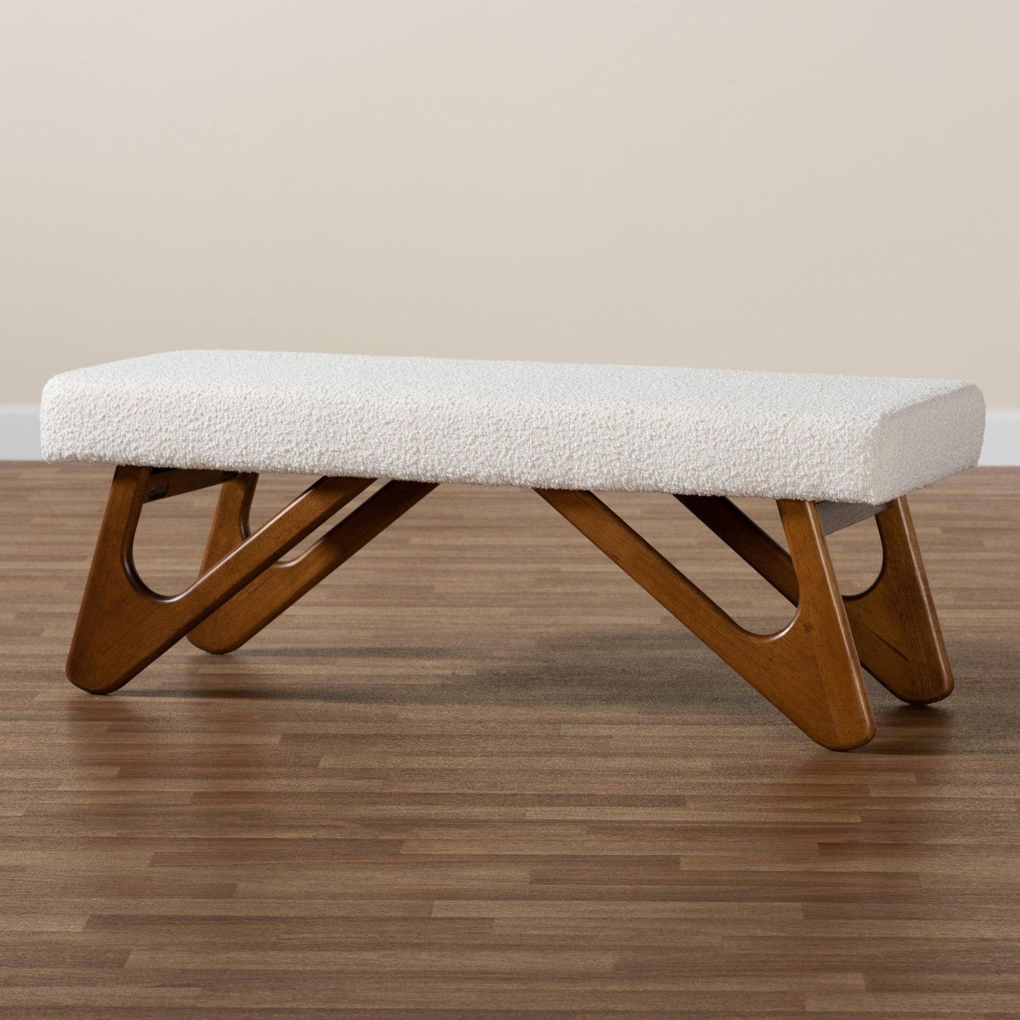 Rika Japandi Cream Boucle Fabric and Finished Wood Bench