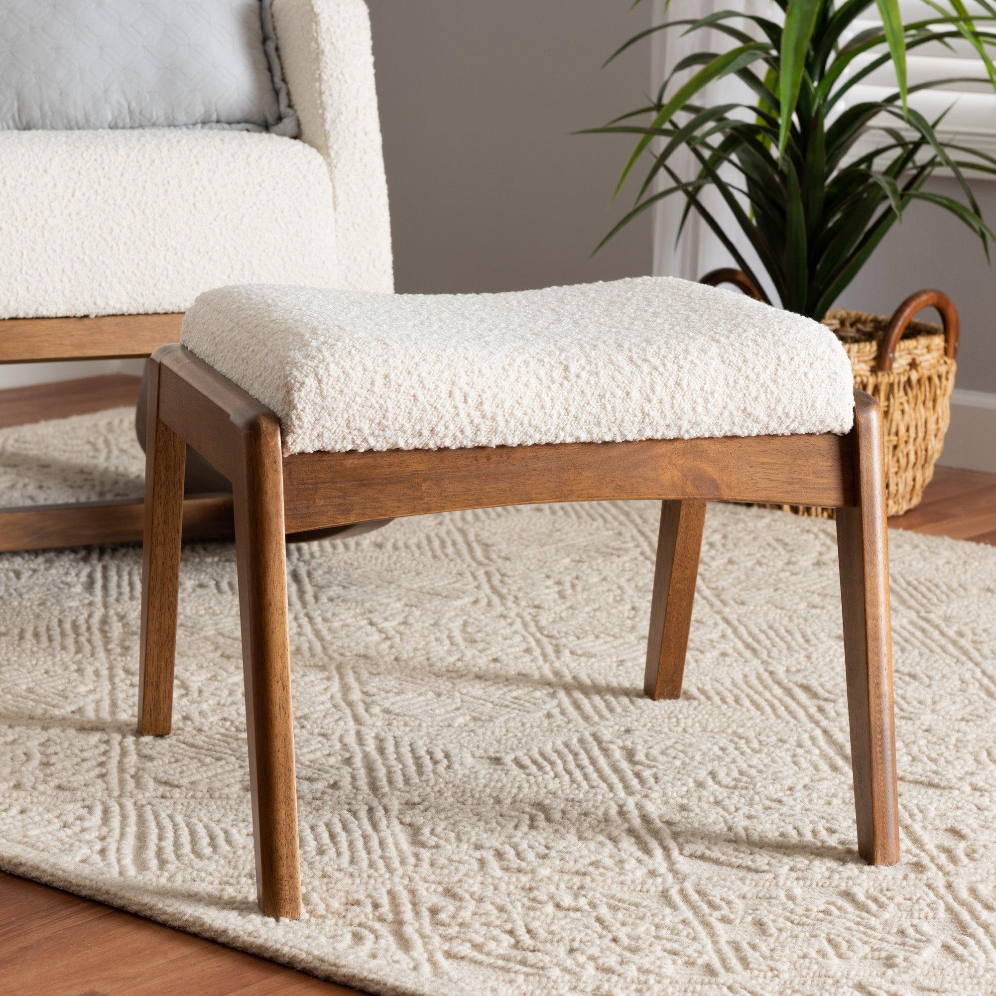 Roxy Mid-Century Modern Off- Boucle Upholstered and Finished Wood Ottoman Footstool