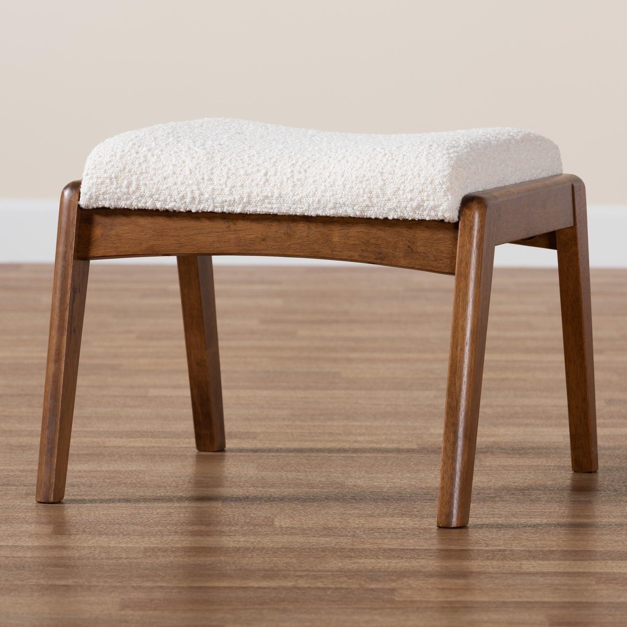 Roxy Mid-Century Modern Off- Boucle Upholstered and Finished Wood Ottoman Footstool