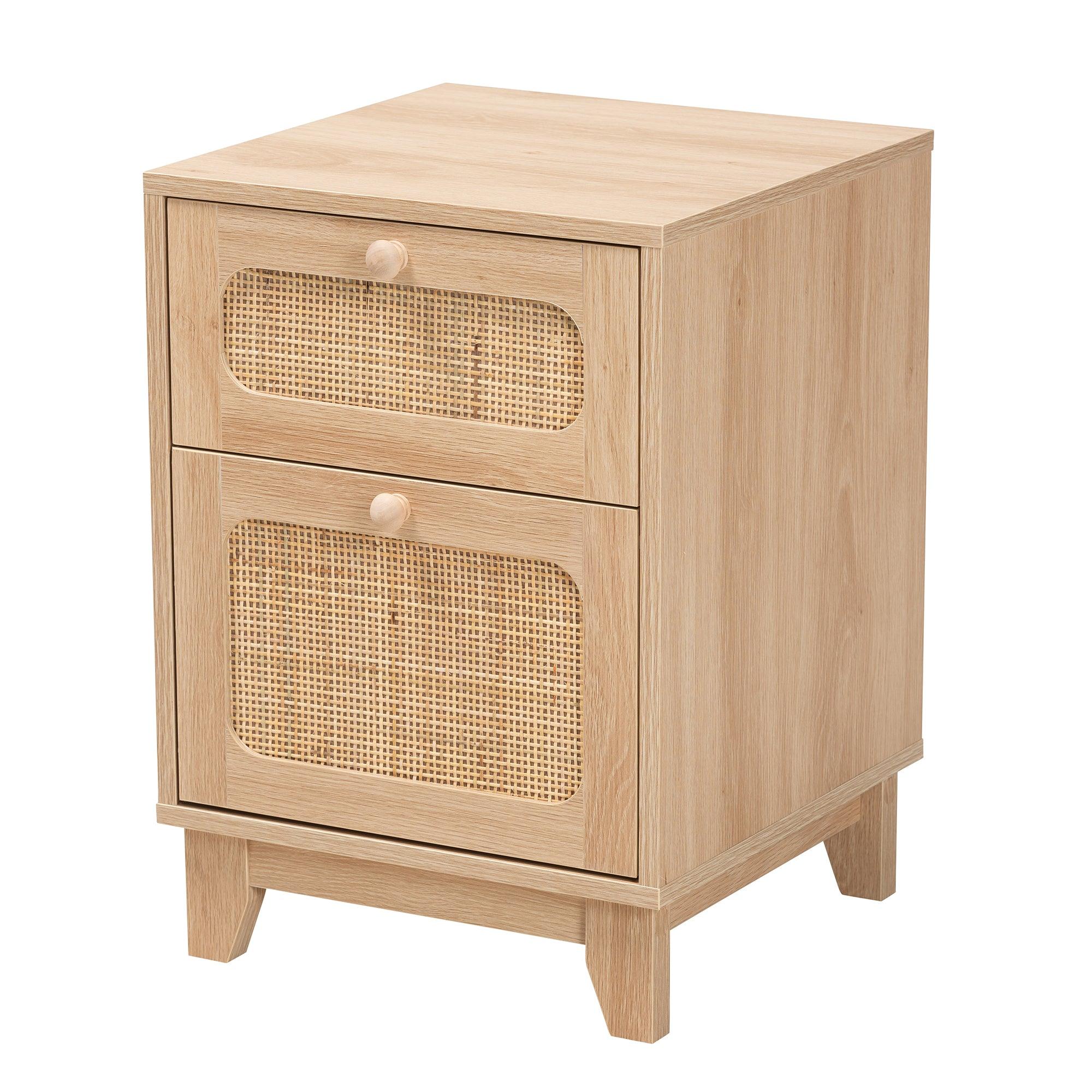 Elsbeth Mid-Century Modern Light Finished Wood and Rattan 1-Drawer End Table