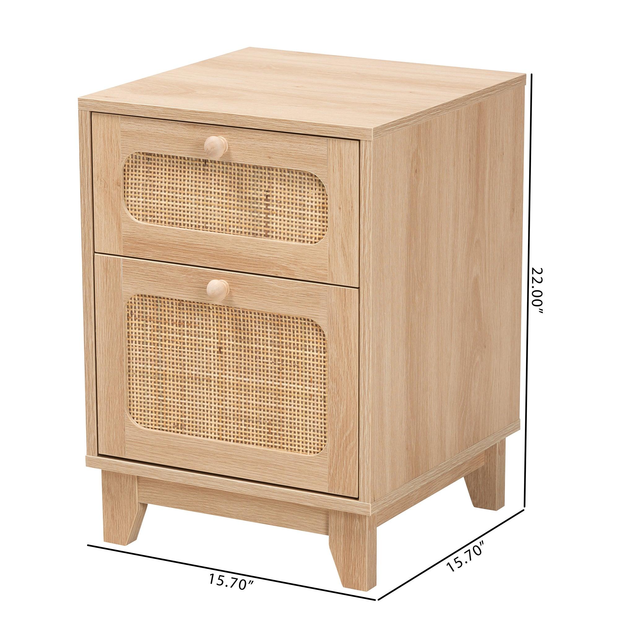 Elsbeth Mid-Century Modern Light Finished Wood and Rattan 1-Drawer End Table
