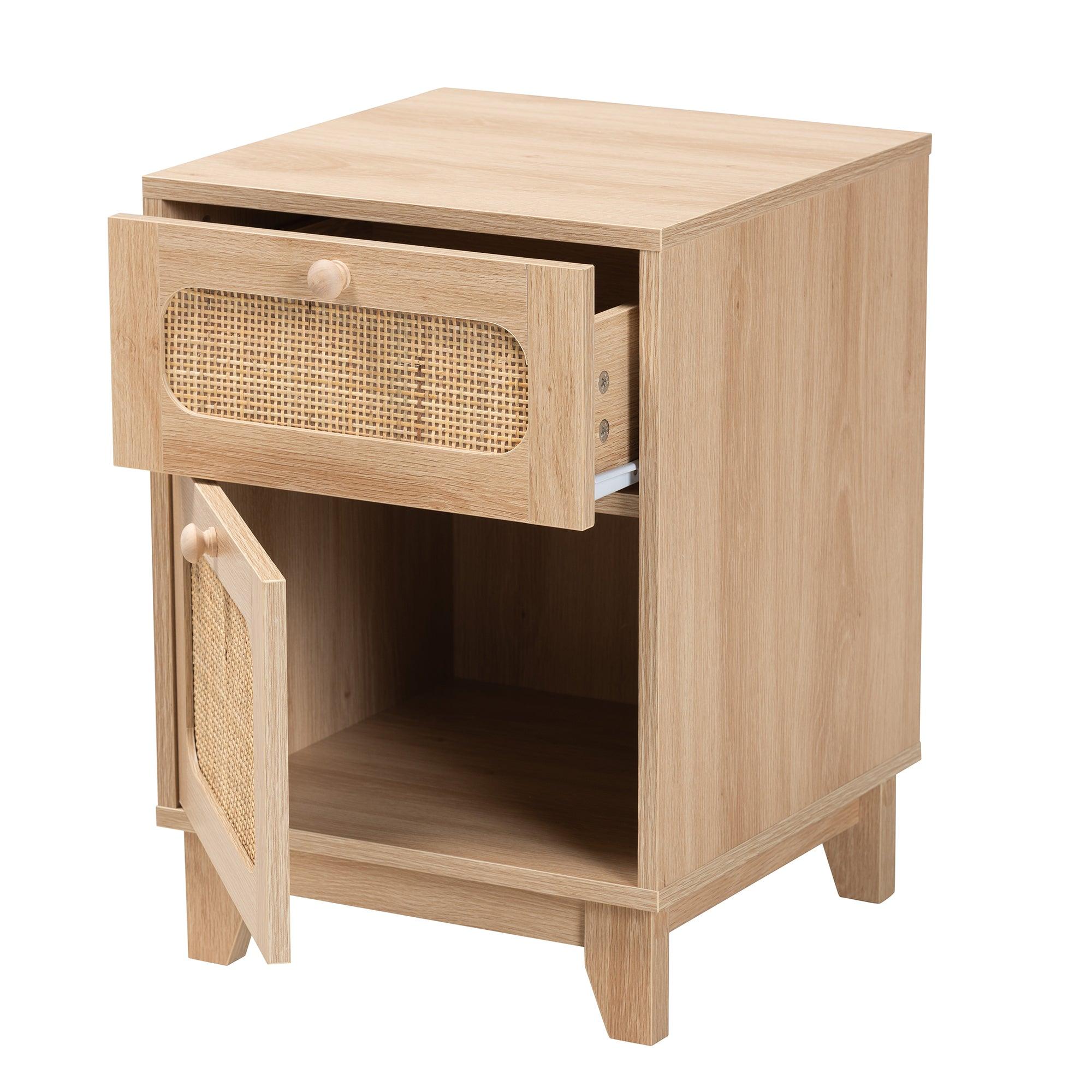 Elsbeth Mid-Century Modern Light Finished Wood and Rattan 1-Drawer End Table
