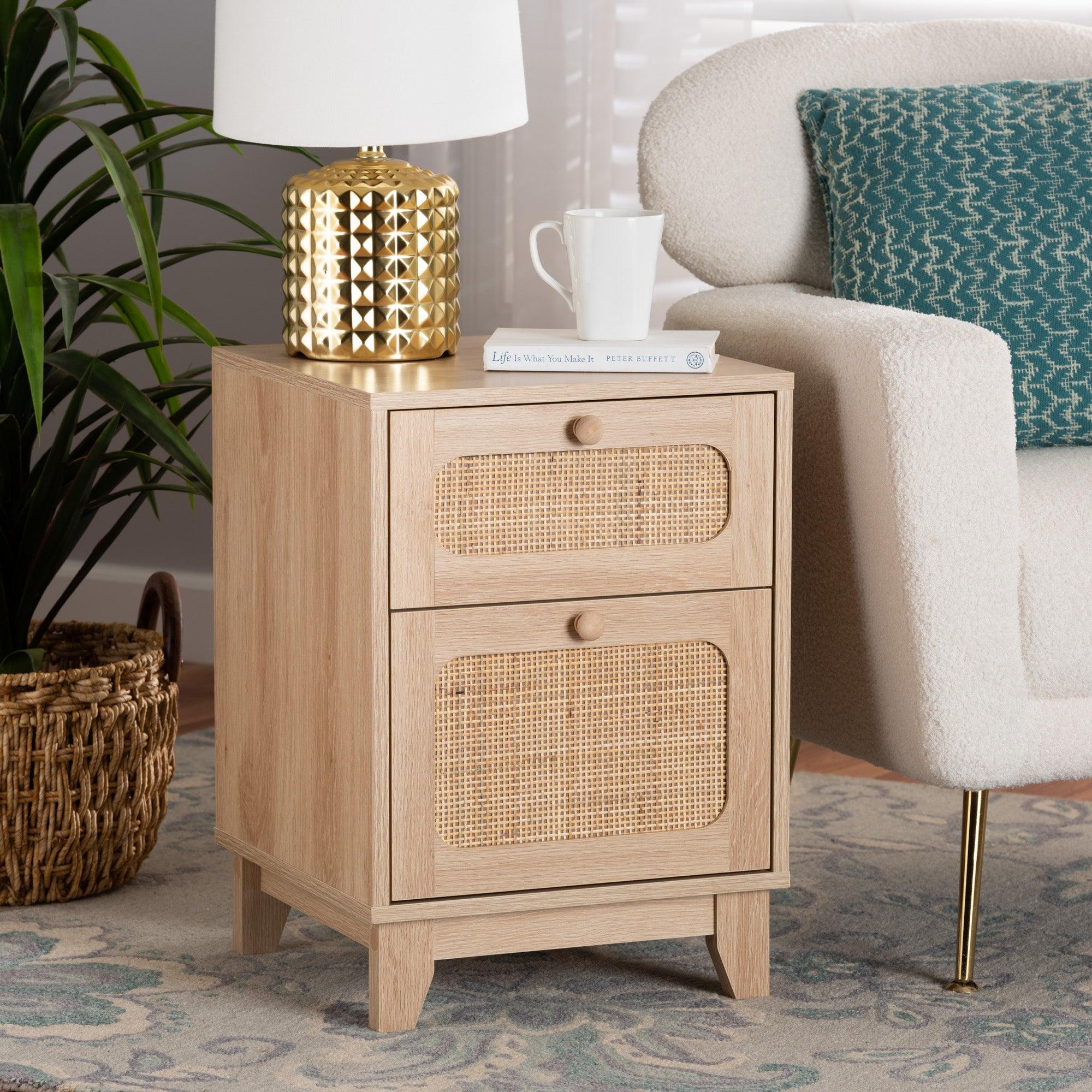 Elsbeth Mid-Century Modern Light Finished Wood and Rattan 1-Drawer End Table