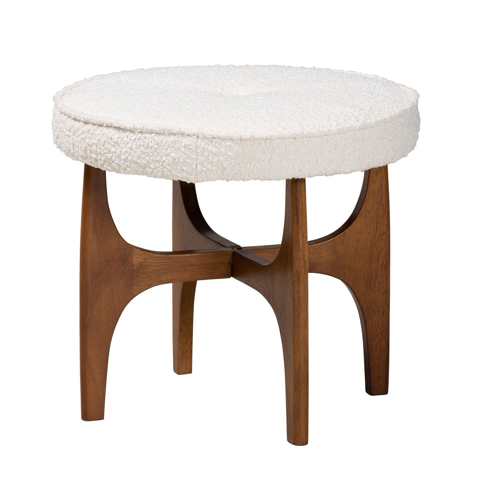 Theo Japandi Cream Boucle Fabric and Finished Rubberwood Ottoman