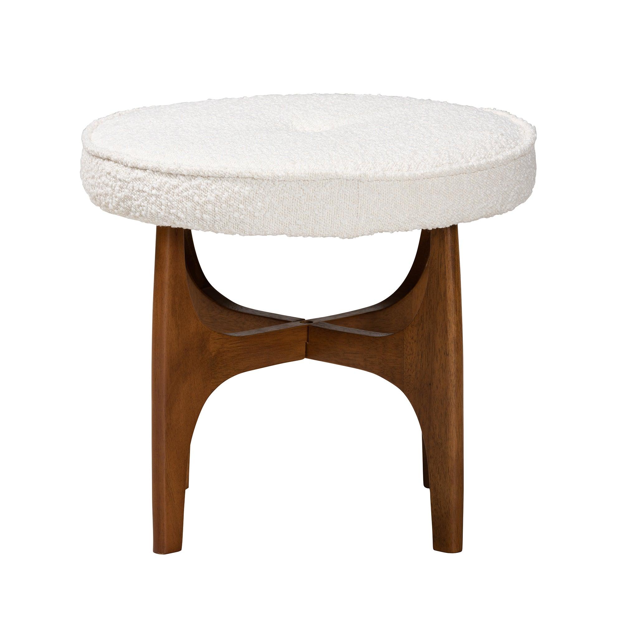 Theo Japandi Cream Boucle Fabric and Finished Rubberwood Ottoman