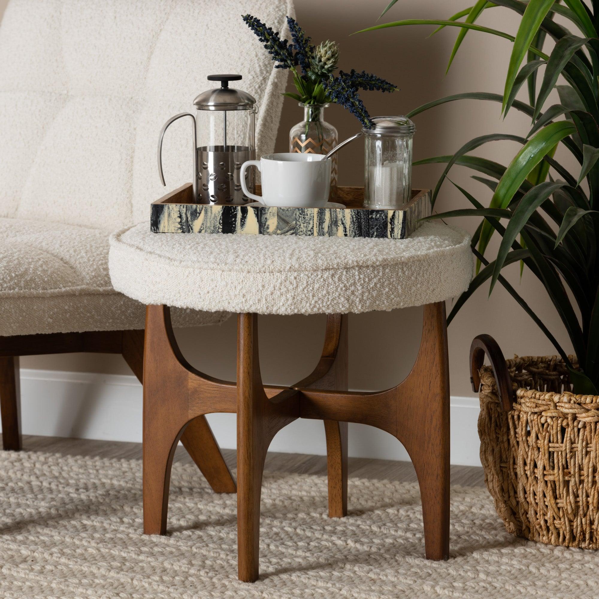 Theo Japandi Cream Boucle Fabric and Finished Rubberwood Ottoman Footstool