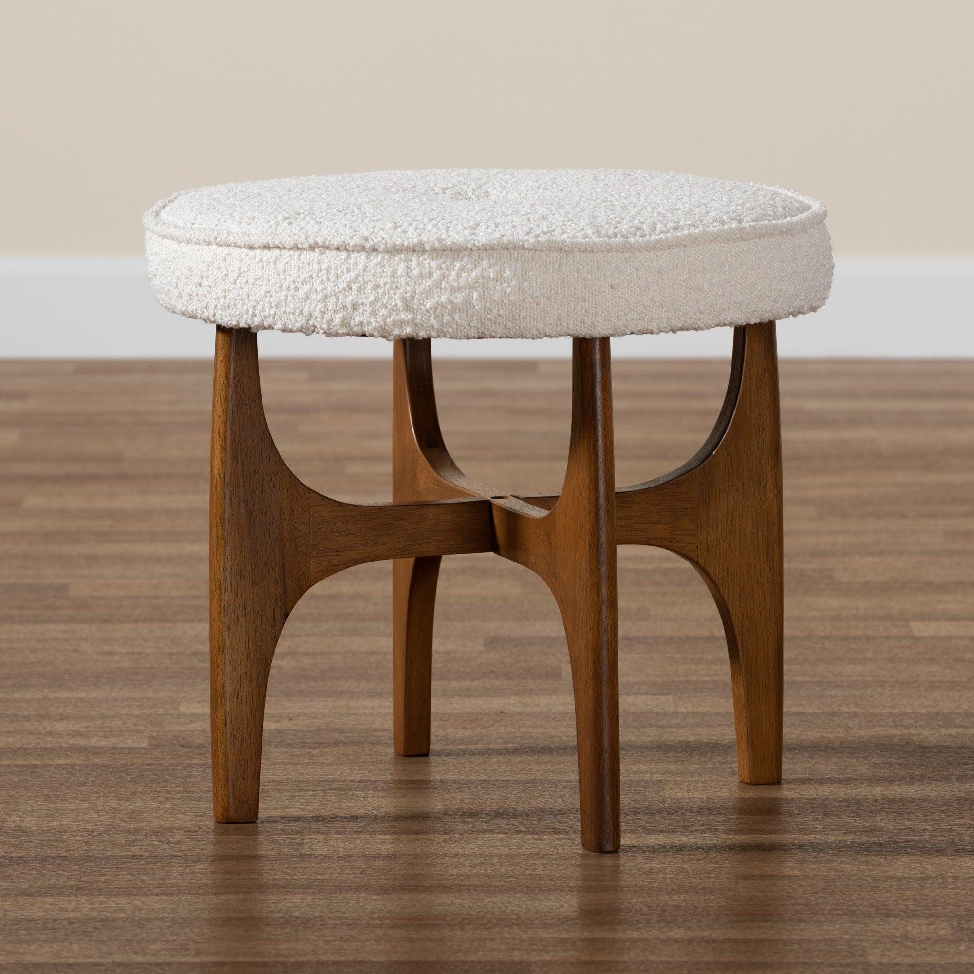Theo Japandi Cream Boucle Fabric and Finished Rubberwood Ottoman Footstool