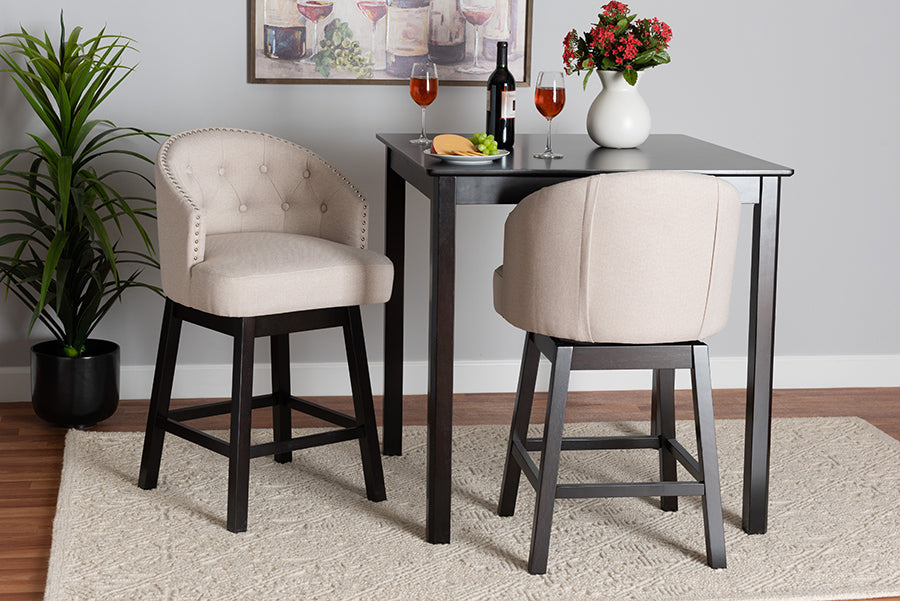 Theron Mid-Century Transitional Fabric and Finished Wood 2-Piece Swivel Counter Stool Set
