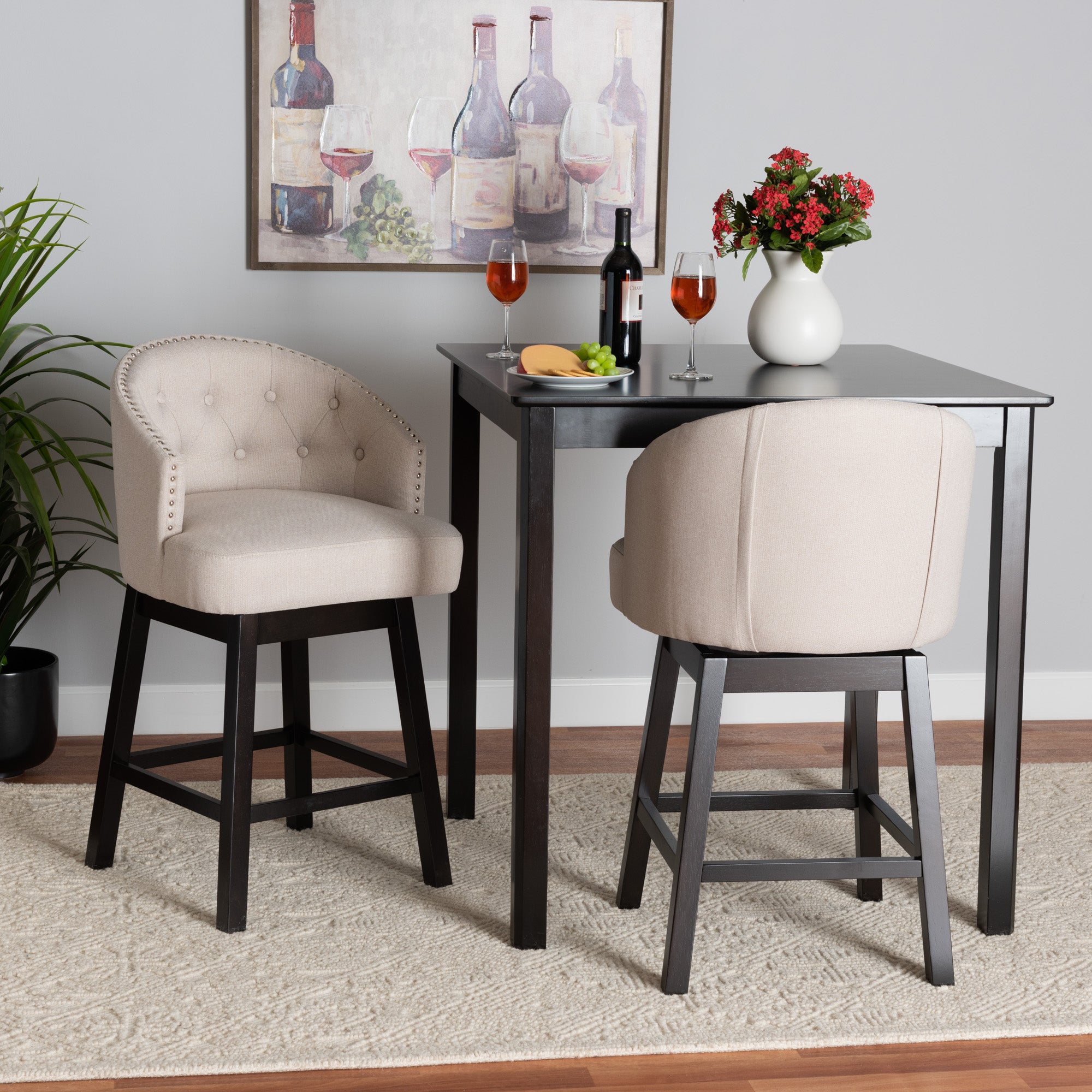 Theron Mid-Century Transitional Fabric and Finished Wood 2-Piece Swivel Counter Stool Set