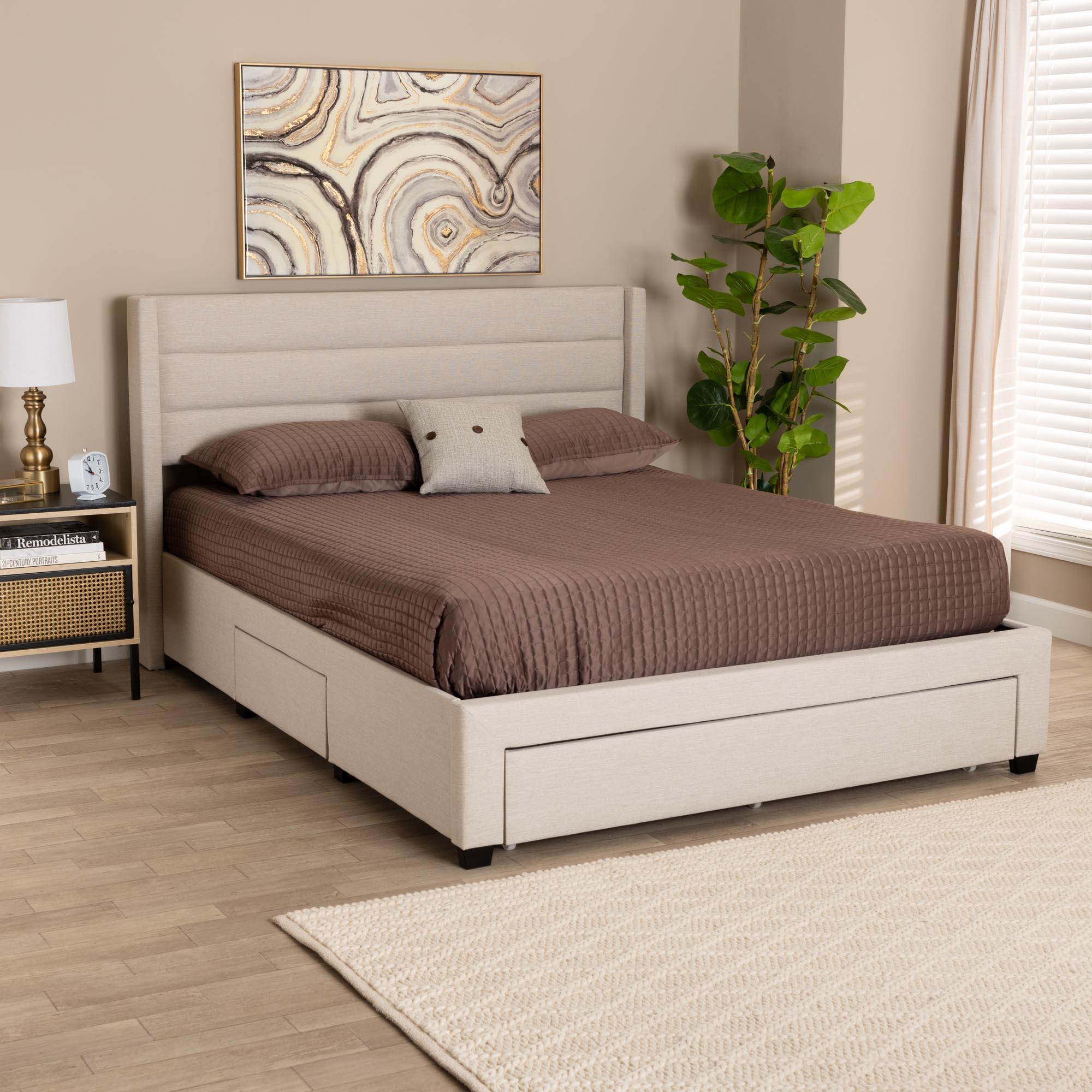 Braylon Mid-Century Modern Transitional Fabric and Finished Wood 3-Drawer Storage Platform Bed