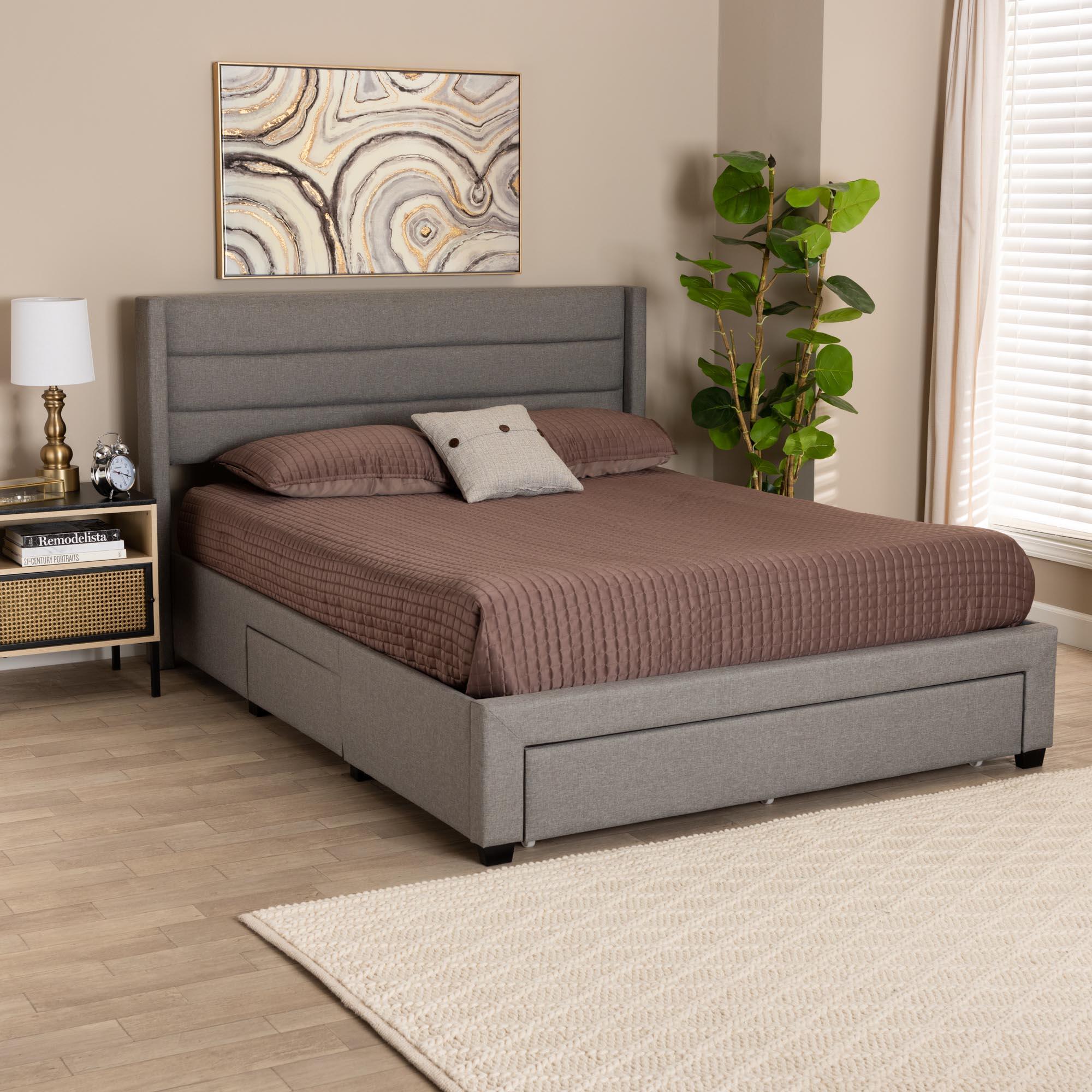 Braylon Mid-Century Modern Transitional Light Fabric and Finished Wood 3-Drawer Storage Platform Bed