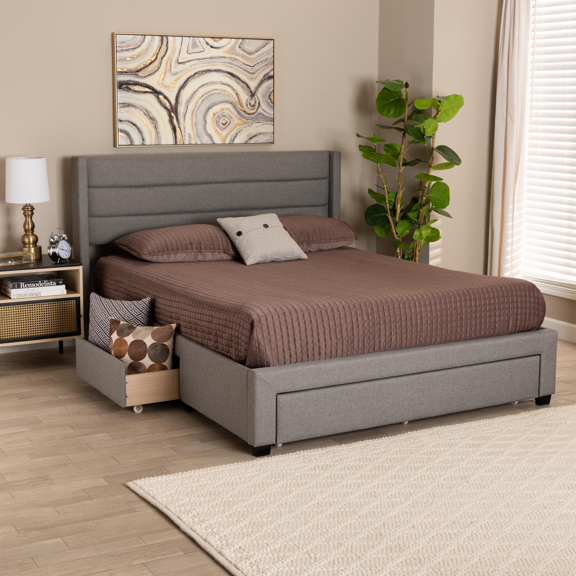 Braylon Mid-Century Modern Transitional Light Fabric and Finished Wood 3-Drawer Storage Platform Bed