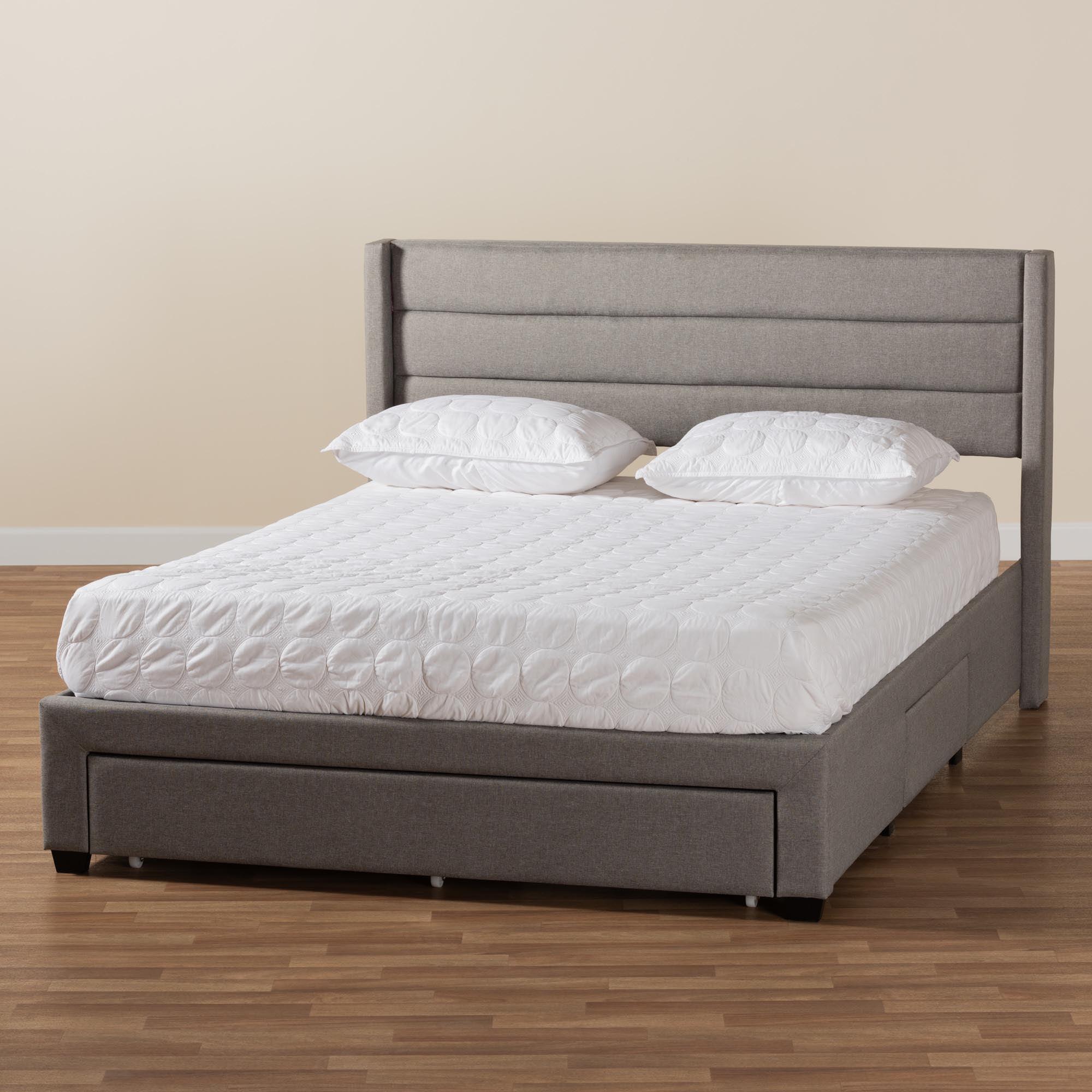 Braylon Mid-Century Modern Transitional Light Fabric and Finished Wood 3-Drawer Storage Platform Bed