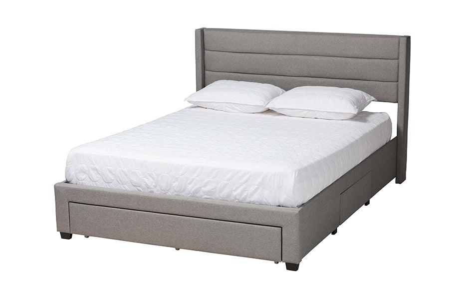 Braylon Mid-Century Modern Transitional Light Fabric and Finished Wood 3-Drawer Storage Platform Bed