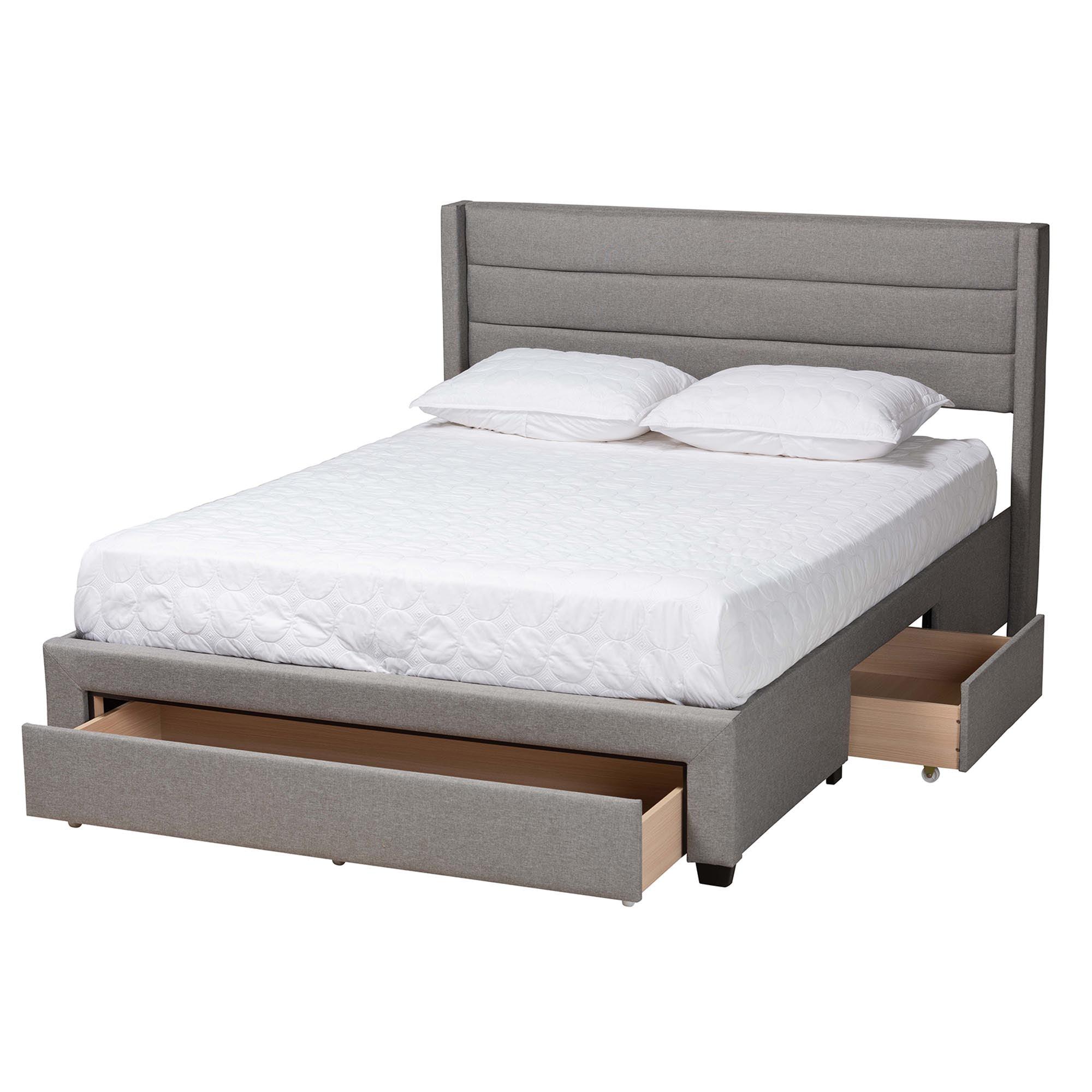 Braylon Mid-Century Modern Transitional Light Fabric and Finished Wood 3-Drawer Storage Platform Bed