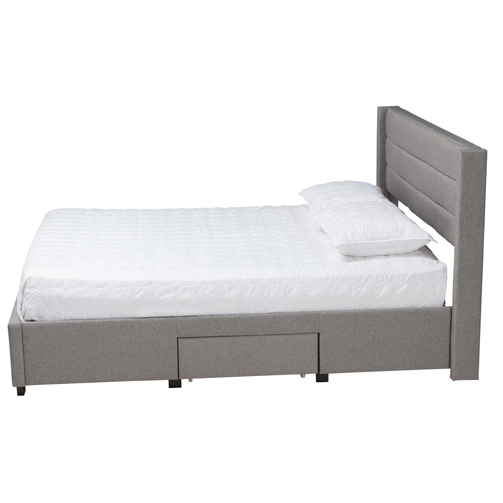 Braylon Mid-Century Modern Transitional Light Fabric and Finished Wood 3-Drawer Storage Platform Bed