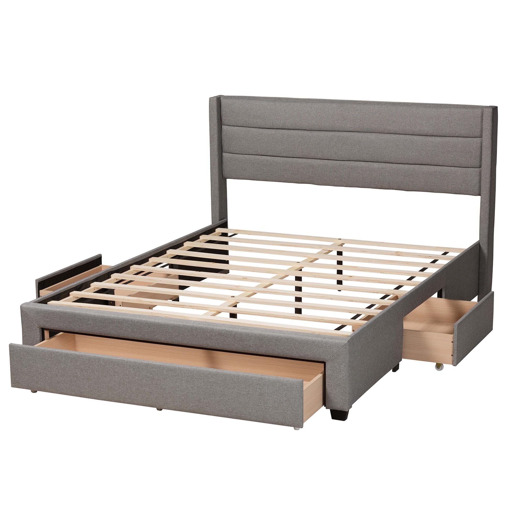 Braylon Mid-Century Modern Transitional Light Fabric and Finished Wood 3-Drawer Storage Platform Bed