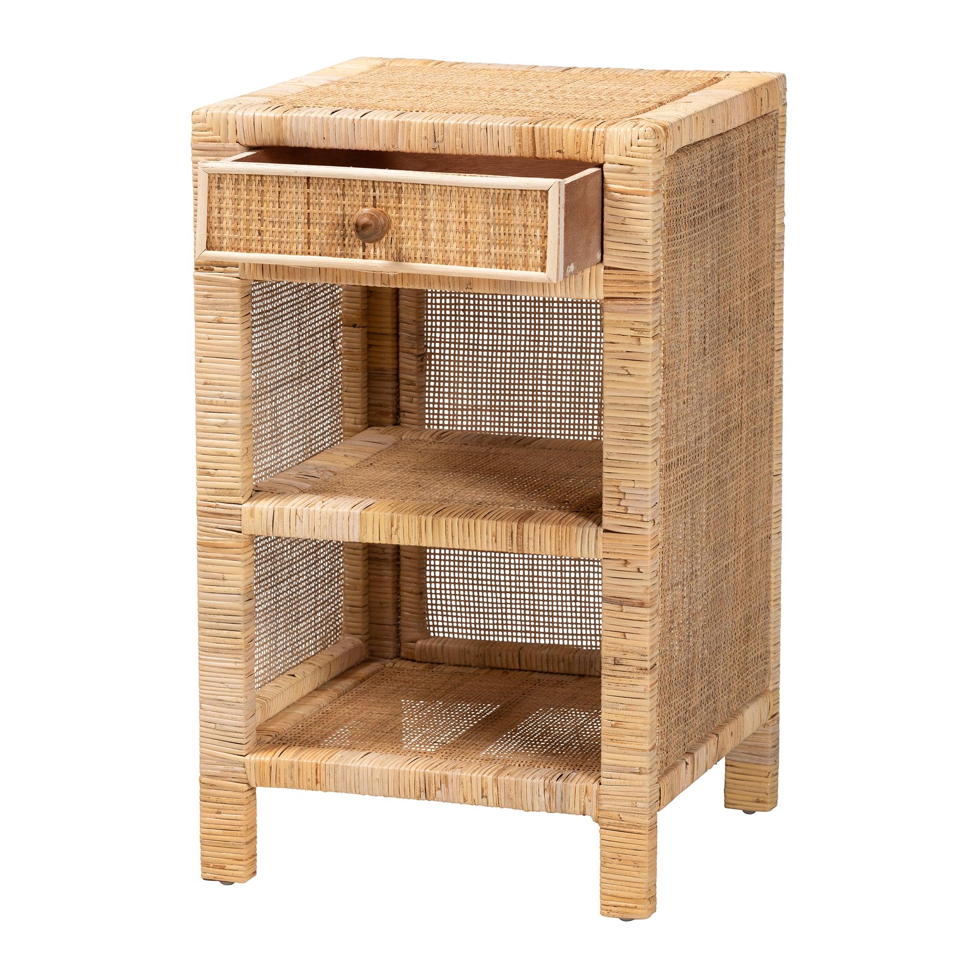 Bali & Pari Bella Modern Bohemian Mahogany Wood and Rattan 1-Drawer Nightstand