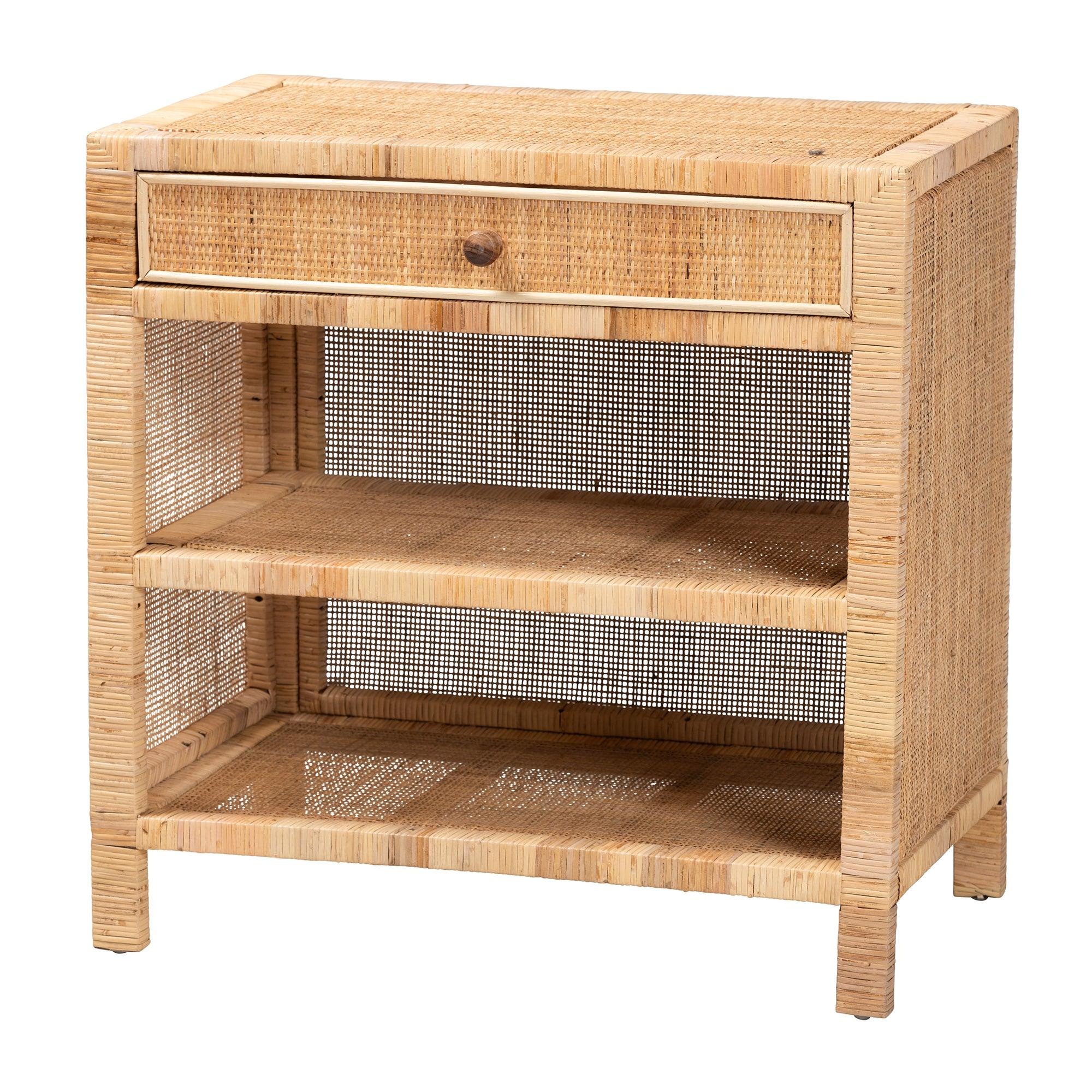 Bali & Pari Bella Modern Bohemian Mahogany Wood and Rattan 1-Drawer Console Table