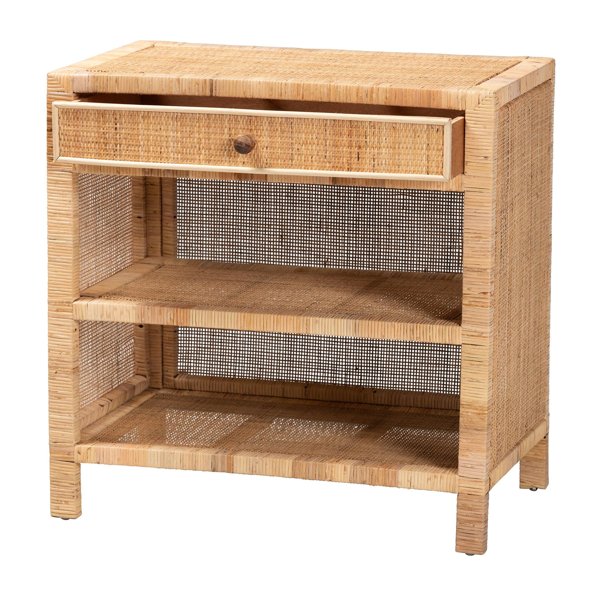 Bali & Pari Bella Modern Bohemian Mahogany Wood and Rattan 1-Drawer Console Table