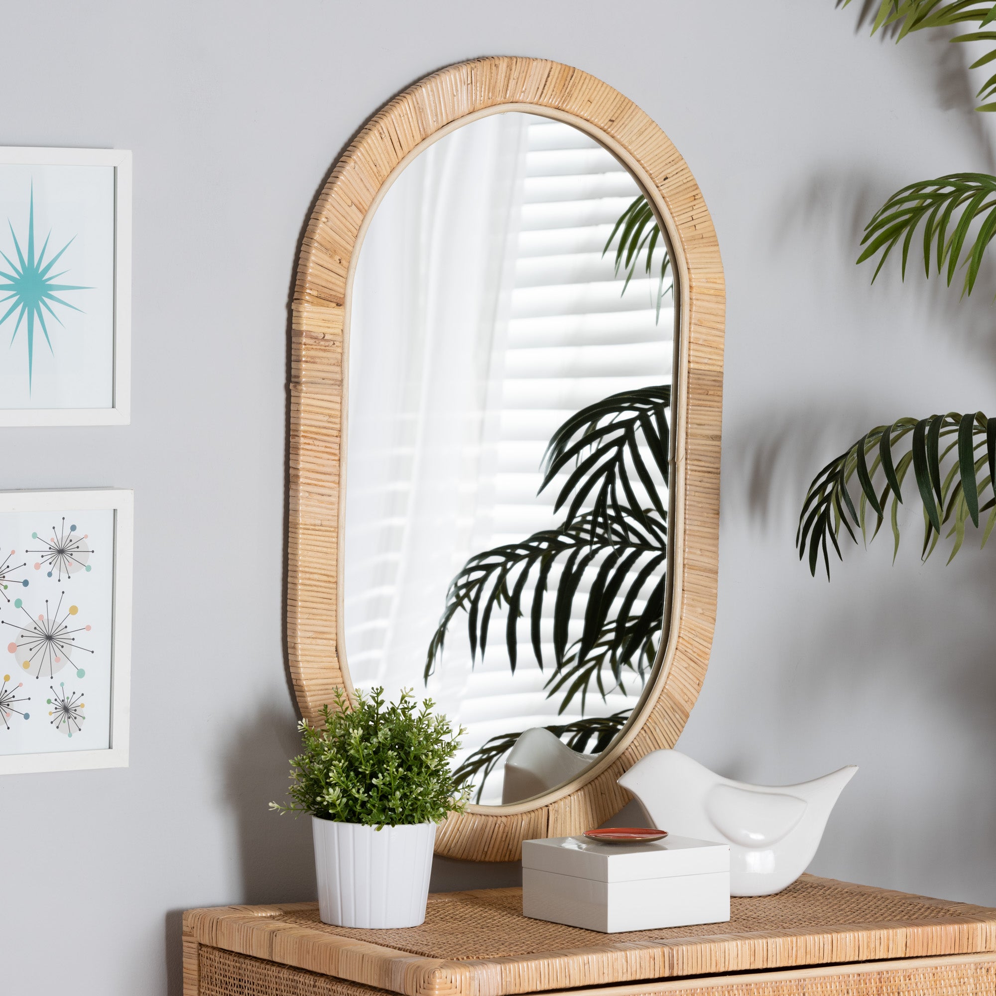 bali & pari Bella Modern Bohemian Mahogany Wood and Rattan Oval Mirror
