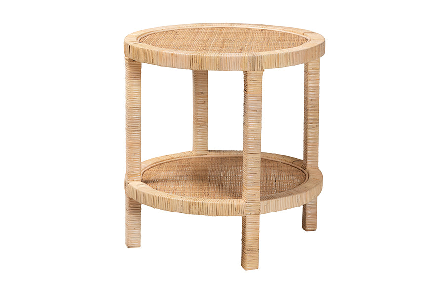 Bali & Pari Bella Modern Bohemian Mahogany Wood and Rattan 2-Tier End Table