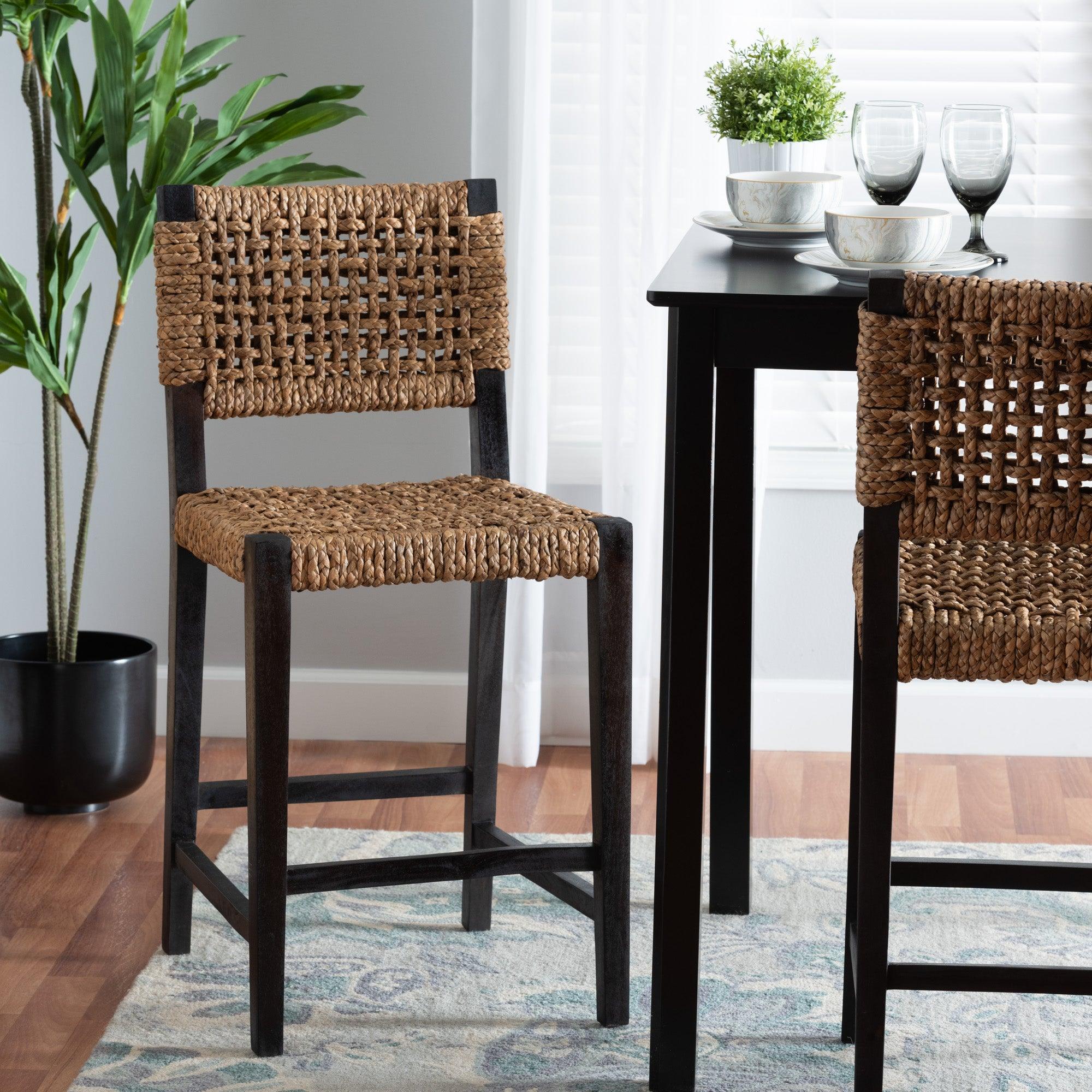 bali & pari Alise Modern Bohemian Mahogany Wood and Seagrass Counter Stool
