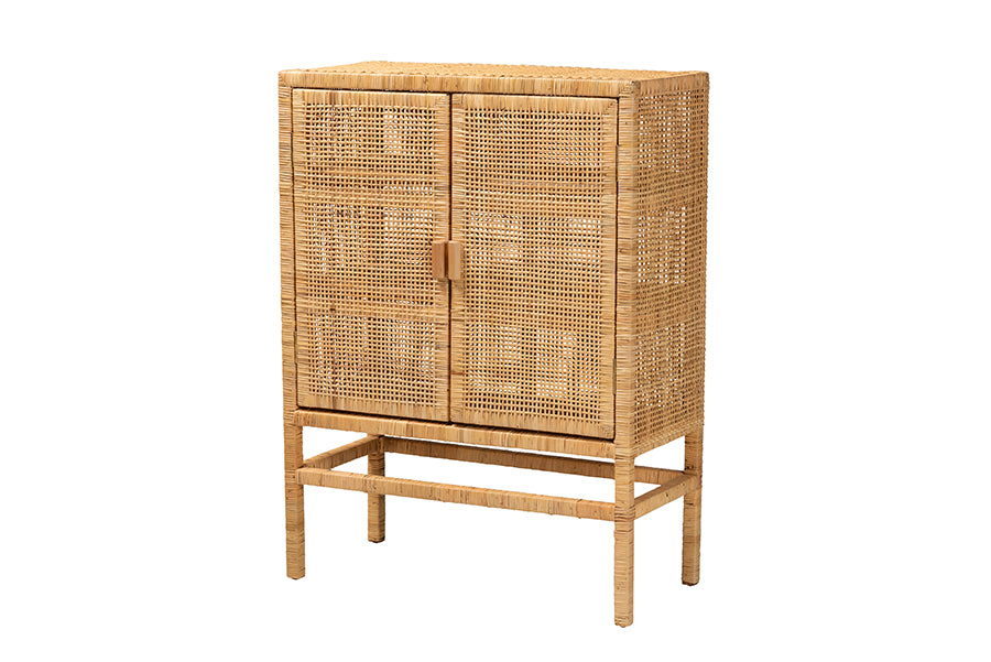 Bali & Pari Vivan Modern Bohemian Rattan and Mahogany Wood 3-Shelf Storage Cabinet