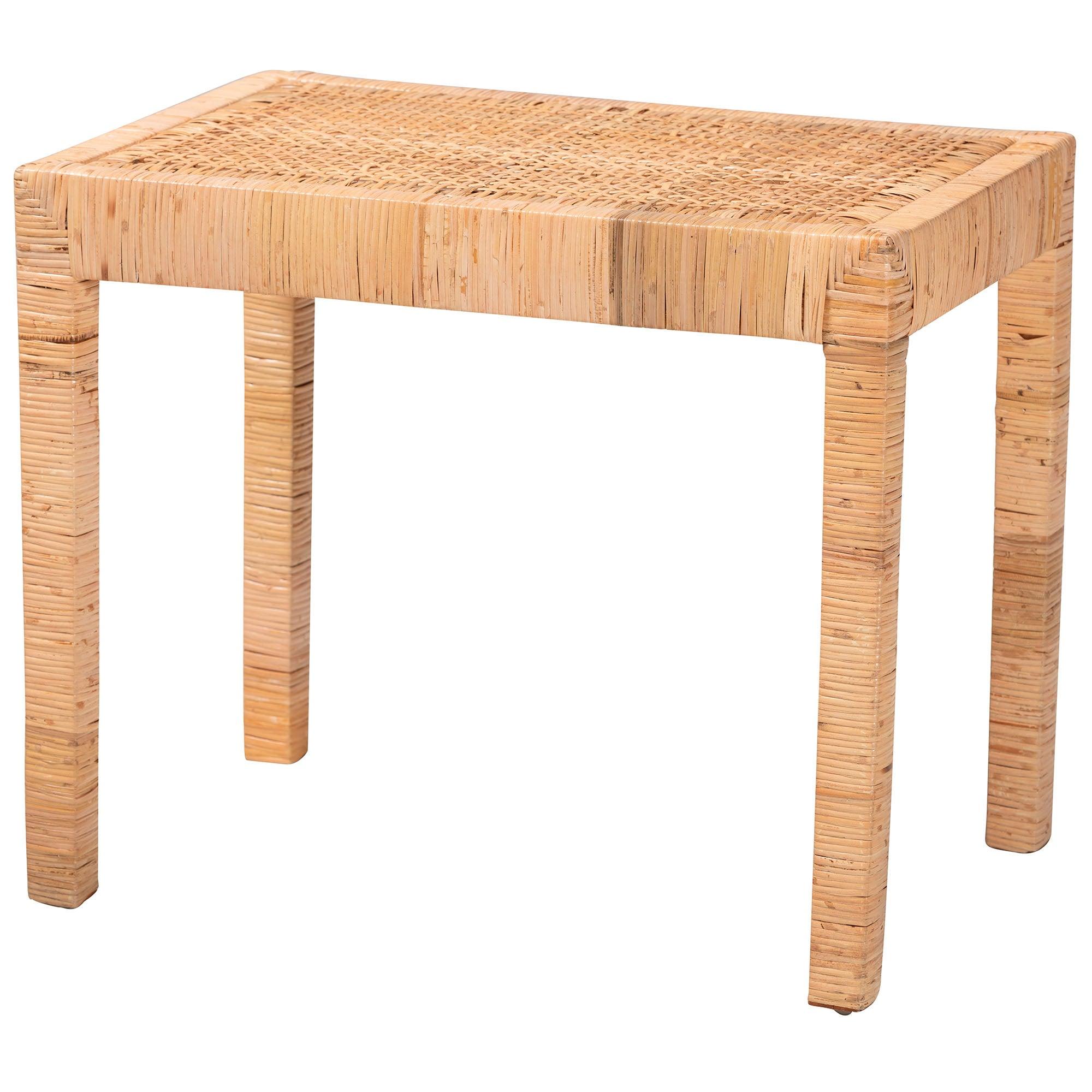 Bali & Pari Abelia Modern Bohemian Rattan and Mahogany Wood Short Accent Bench