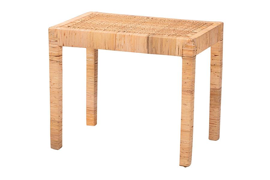Bali & Pari Abelia Modern Bohemian Rattan and Mahogany Wood Short Accent Bench