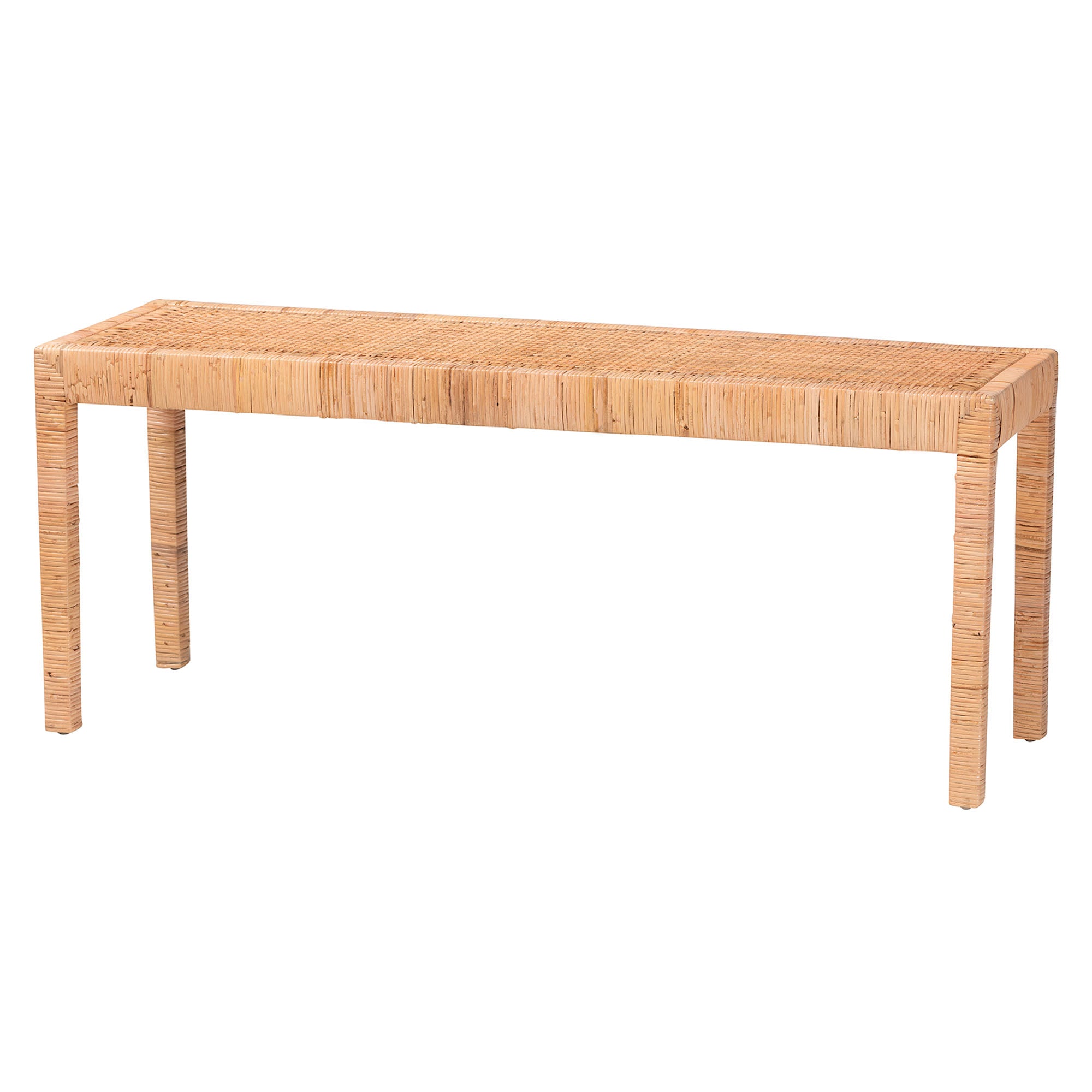 Bali & Pari Abelia Modern Bohemian Rattan and Mahogany Wood Long Accent Bench