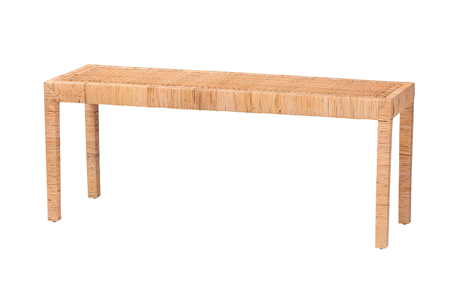 Bali & Pari Abelia Modern Bohemian Rattan and Mahogany Wood Long Accent Bench