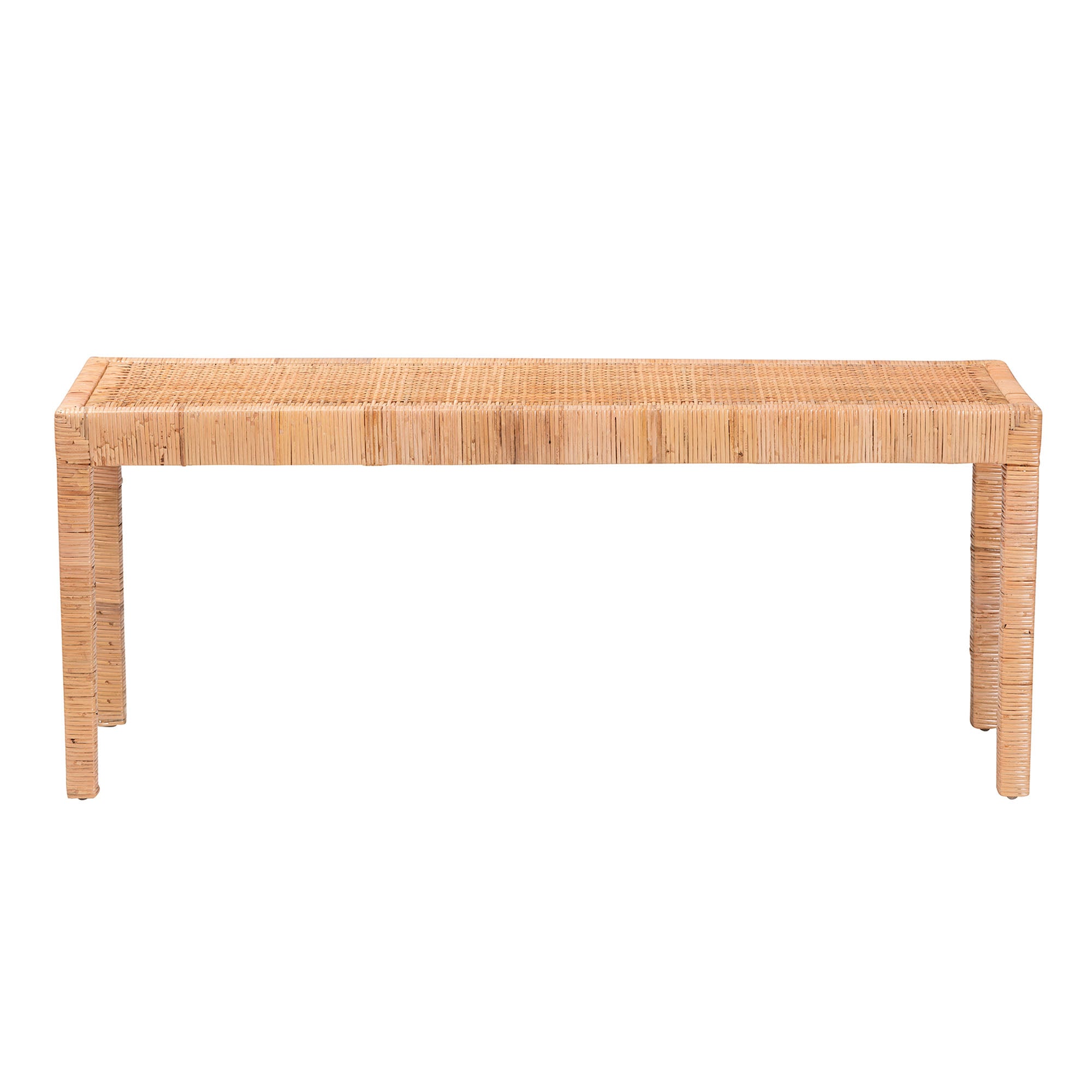 Bali & Pari Abelia Modern Bohemian Rattan and Mahogany Wood Long Accent Bench