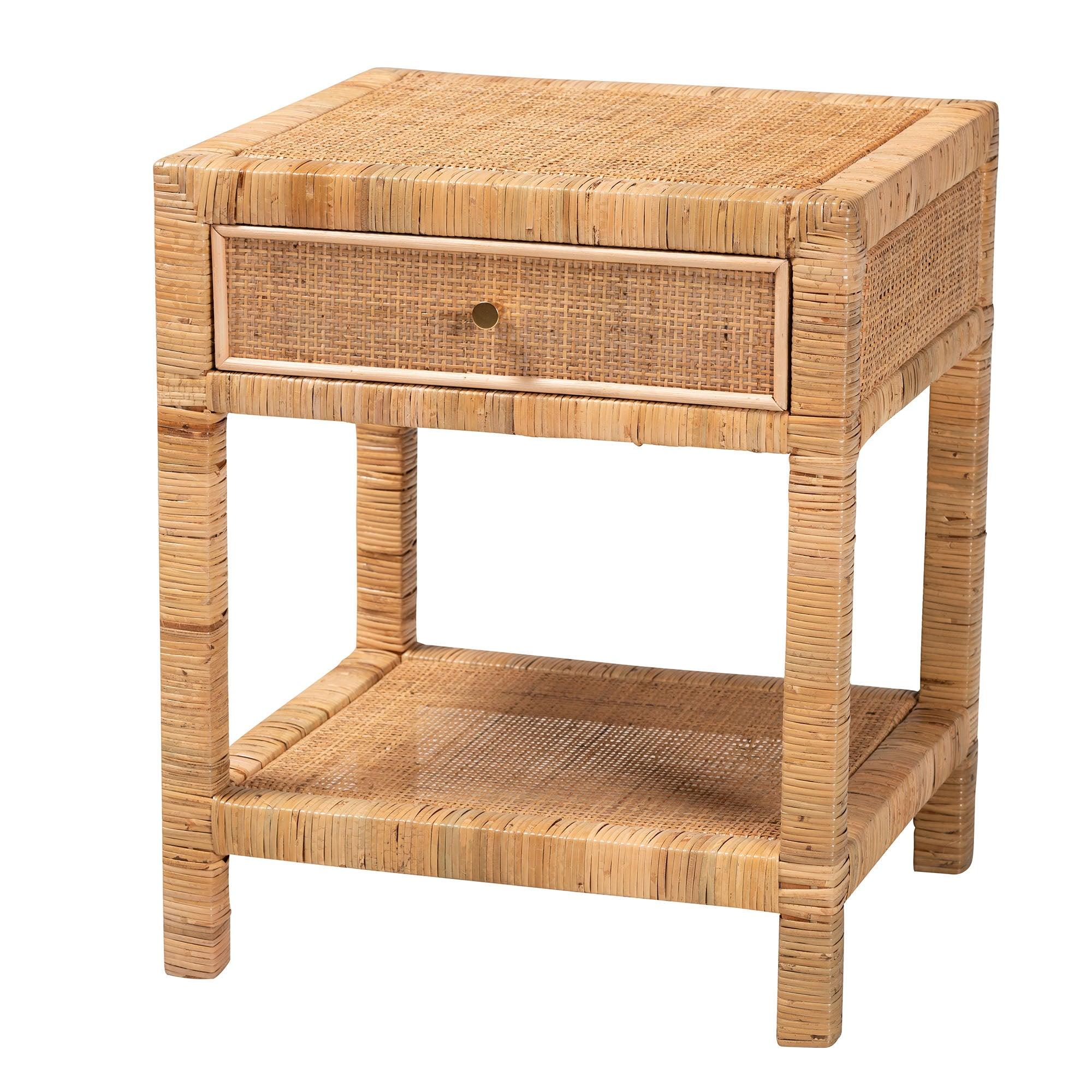 Bali & Pari Adelia Modern Bohemian Rattan and Mahogany Wood 1-Drawer Nightstand