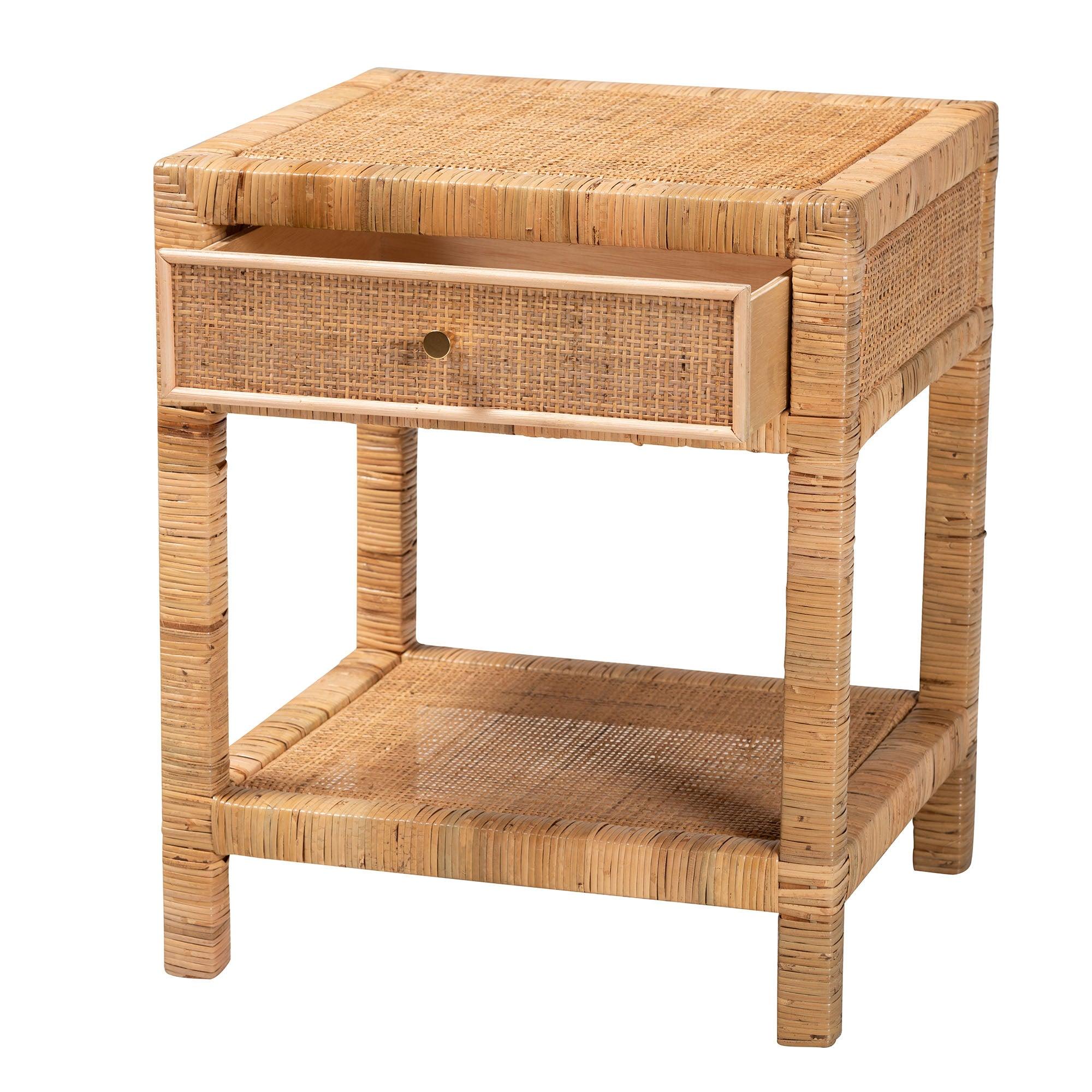 Bali & Pari Adelia Modern Bohemian Rattan and Mahogany Wood 1-Drawer Nightstand