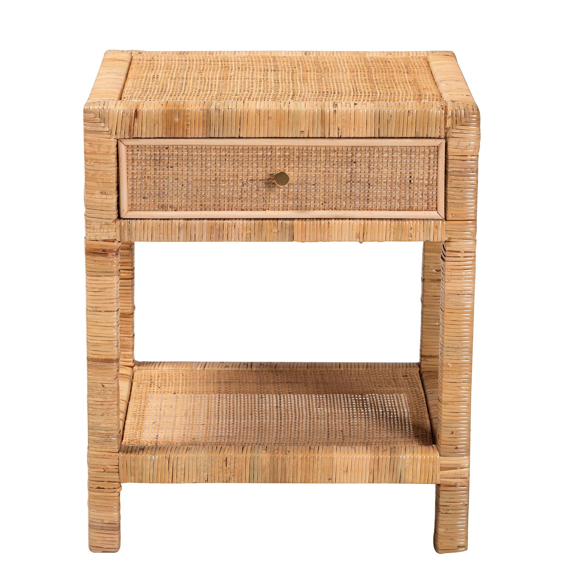 Bali & Pari Adelia Modern Bohemian Rattan and Mahogany Wood 1-Drawer Nightstand