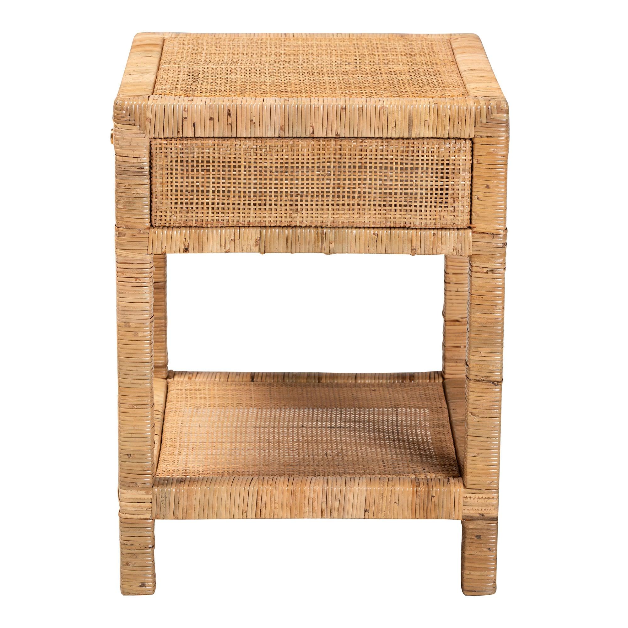 Bali & Pari Adelia Modern Bohemian Rattan and Mahogany Wood 1-Drawer Nightstand
