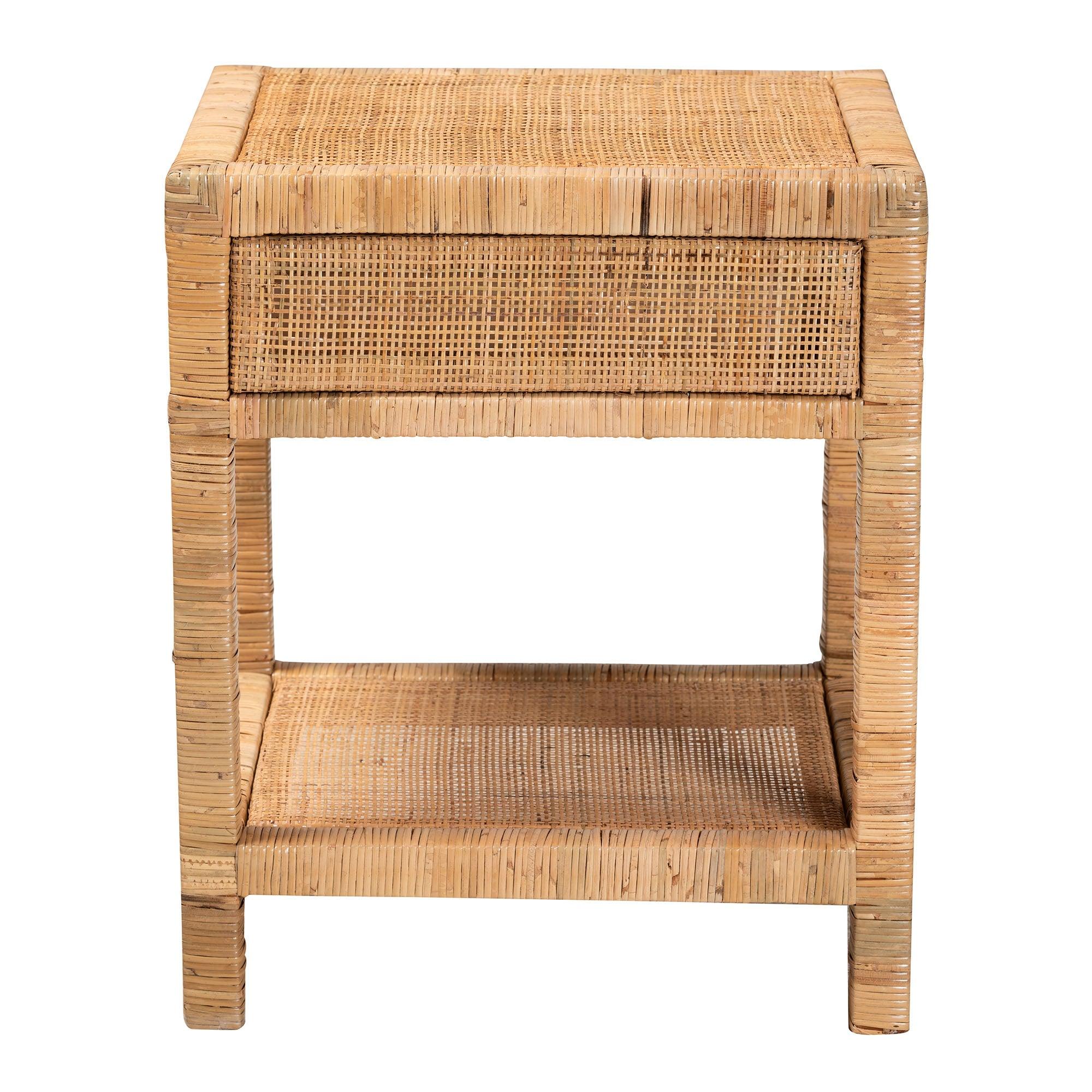 Bali & Pari Adelia Modern Bohemian Rattan and Mahogany Wood 1-Drawer Nightstand