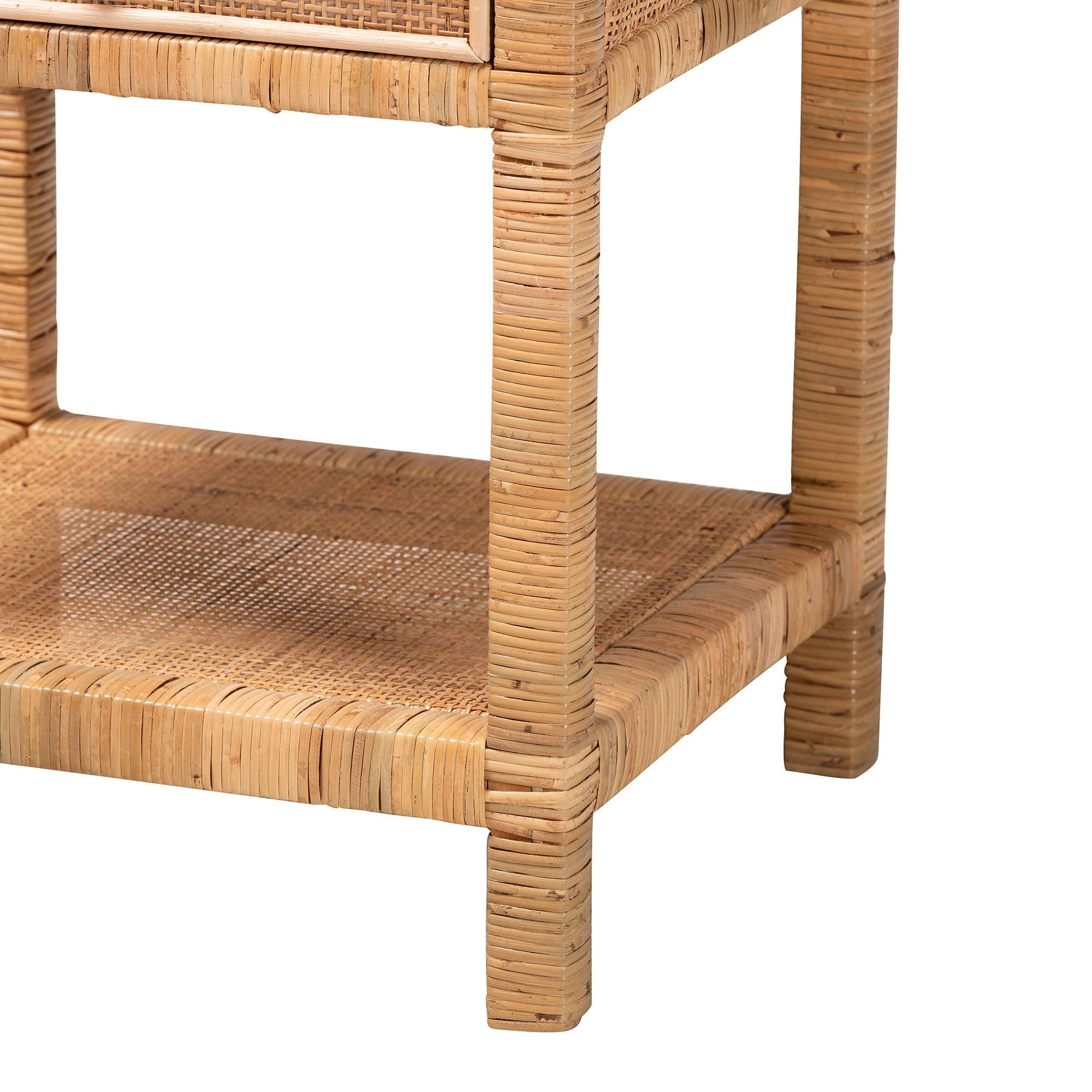 Bali & Pari Adelia Modern Bohemian Rattan and Mahogany Wood 1-Drawer Nightstand