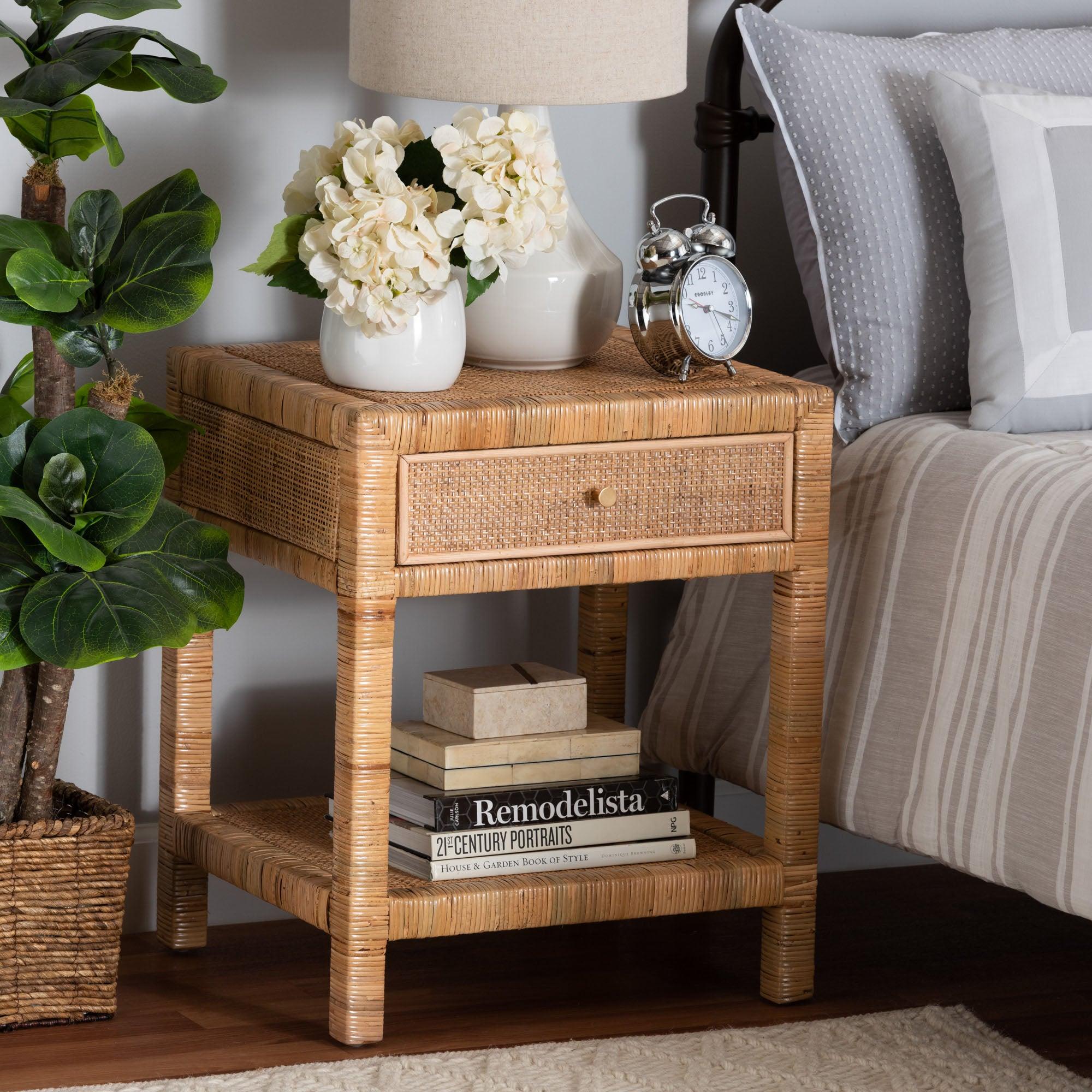 bali & pari Adelia Modern Bohemian Rattan and Mahogany Wood 1-Drawer Nightstand