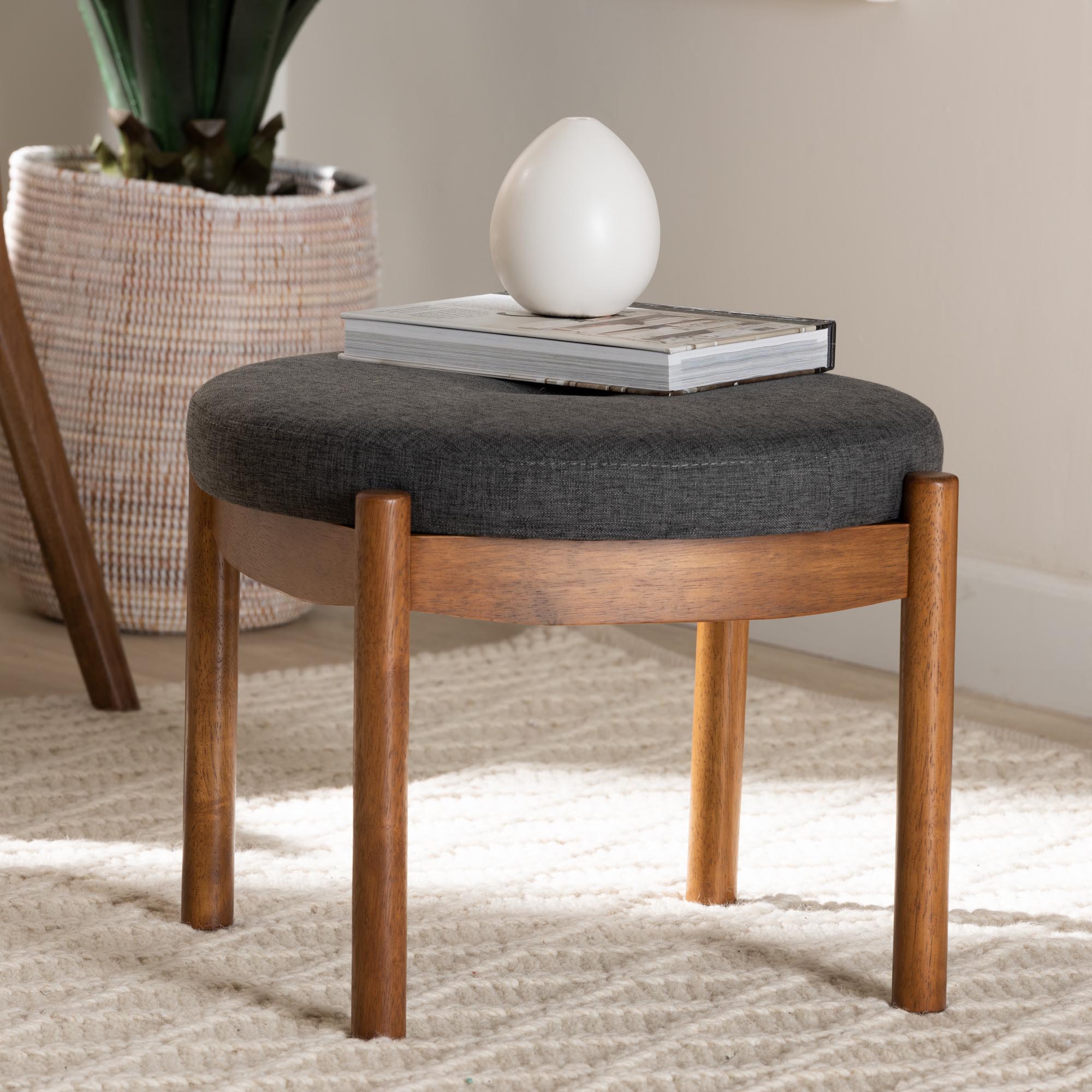 Iliana Japandi Fabric and Finished Wood Ottoman