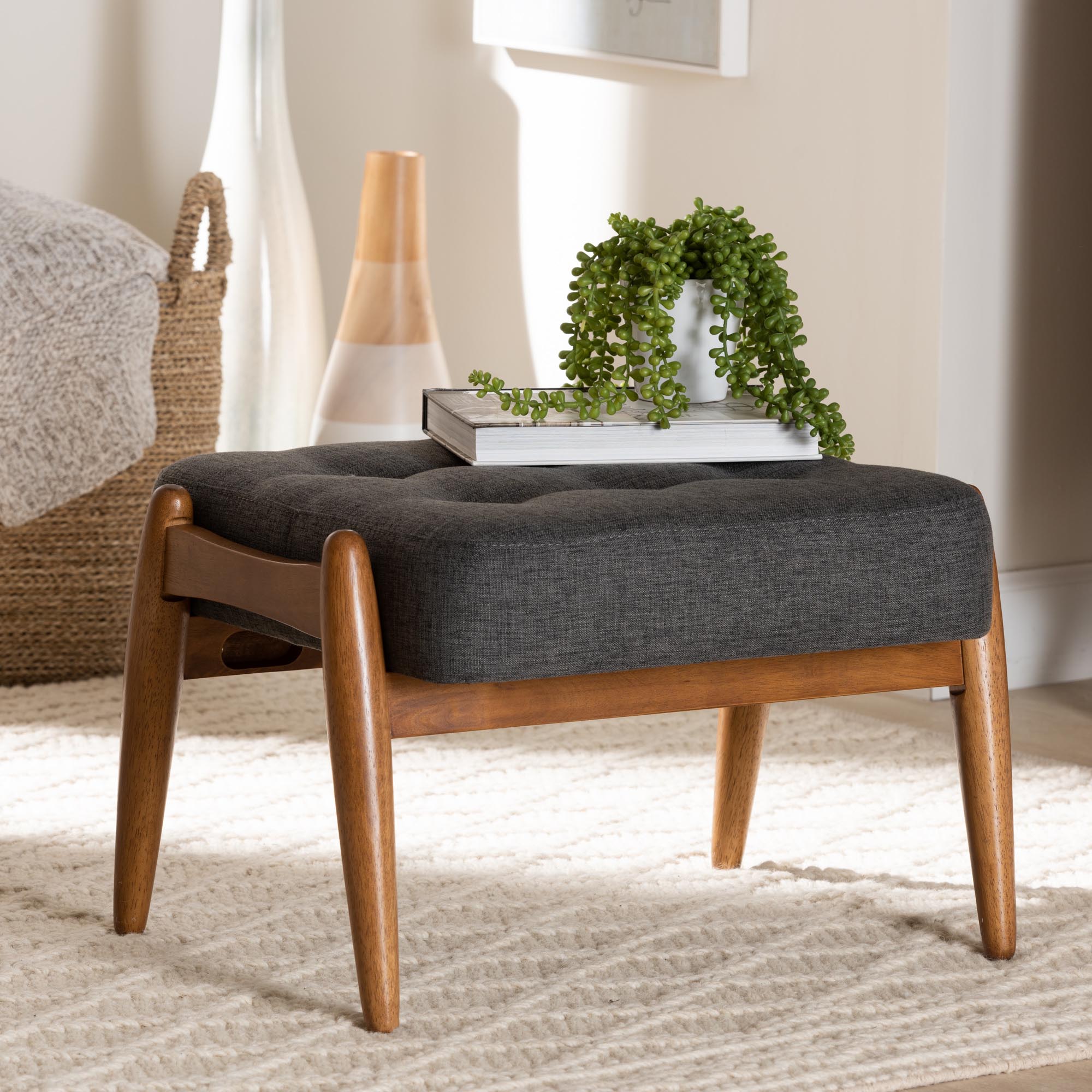 Jeanine Japandi Fabric and Finished Wood Ottoman