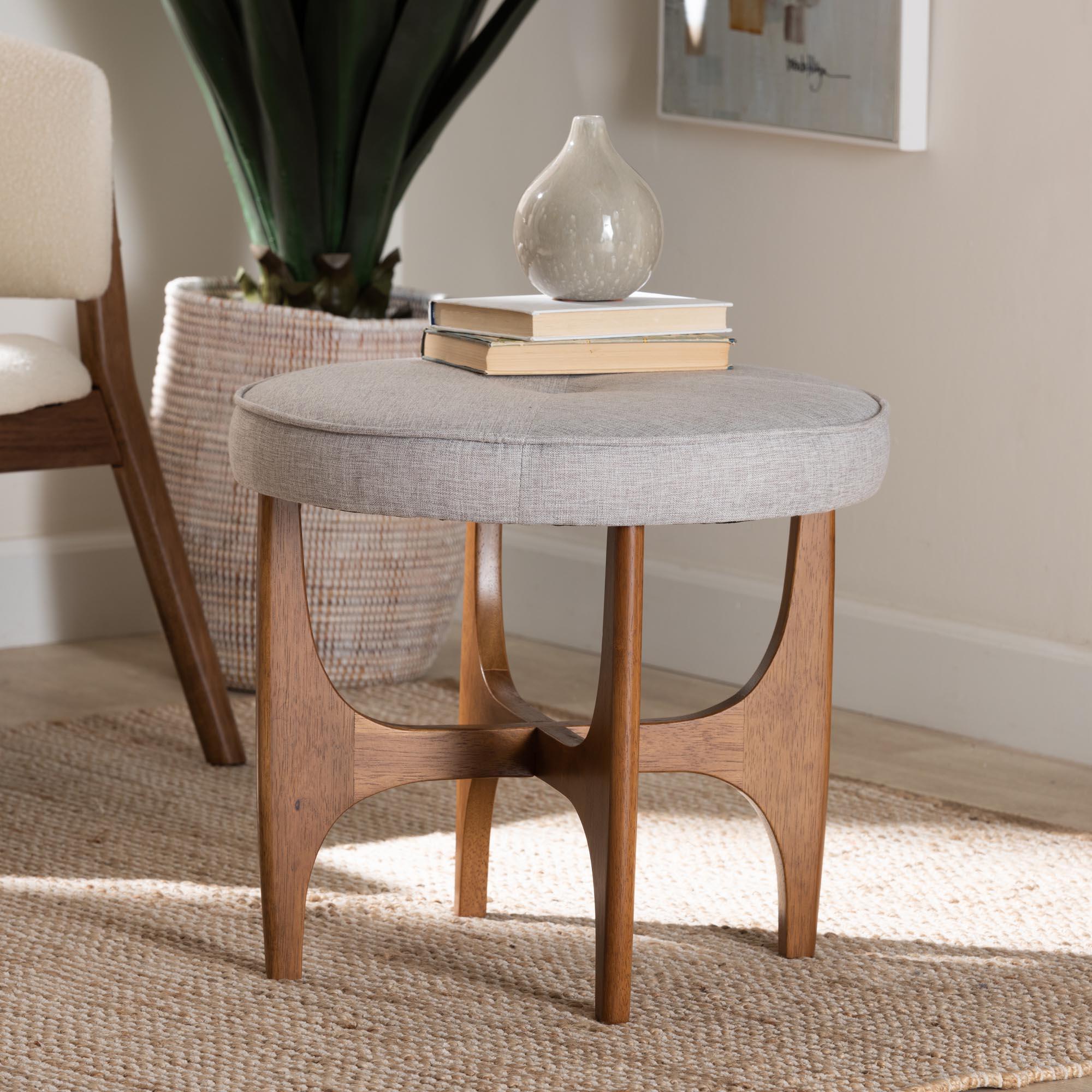 Theo Japandi ish Fabric and Finished Wood Ottoman Footstool