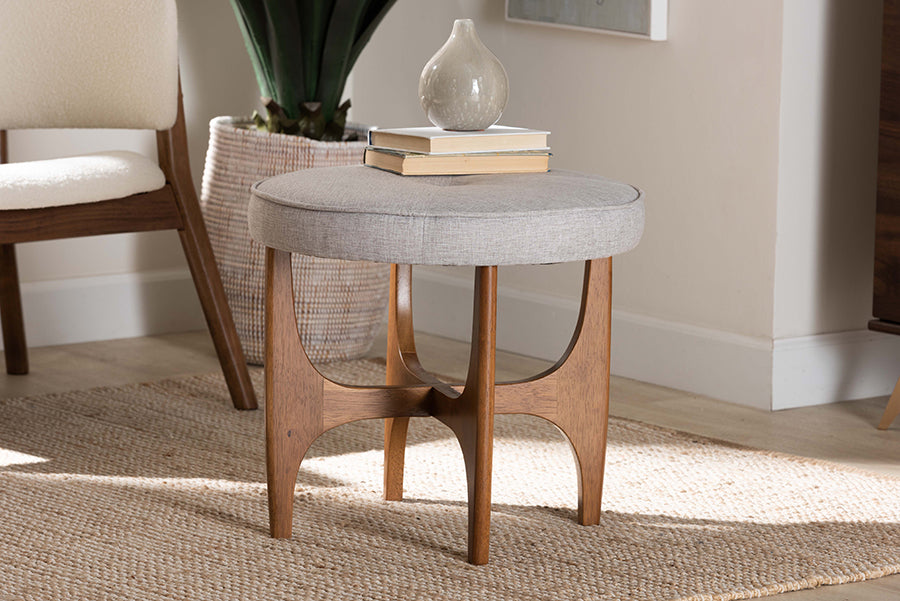 Theo Japandi Fabric and Finished Wood Ottoman