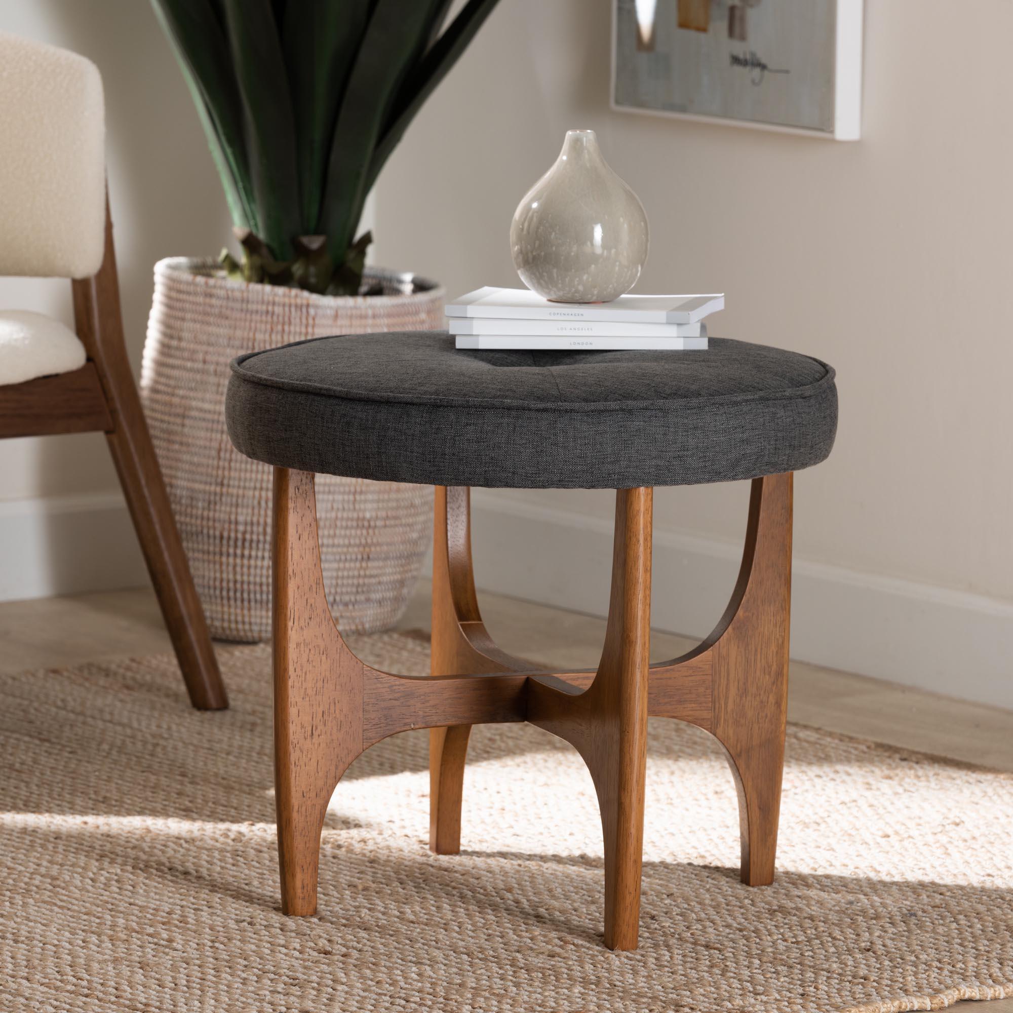 Theo Japandi Dark Fabric and Finished Wood Ottoman Footstool